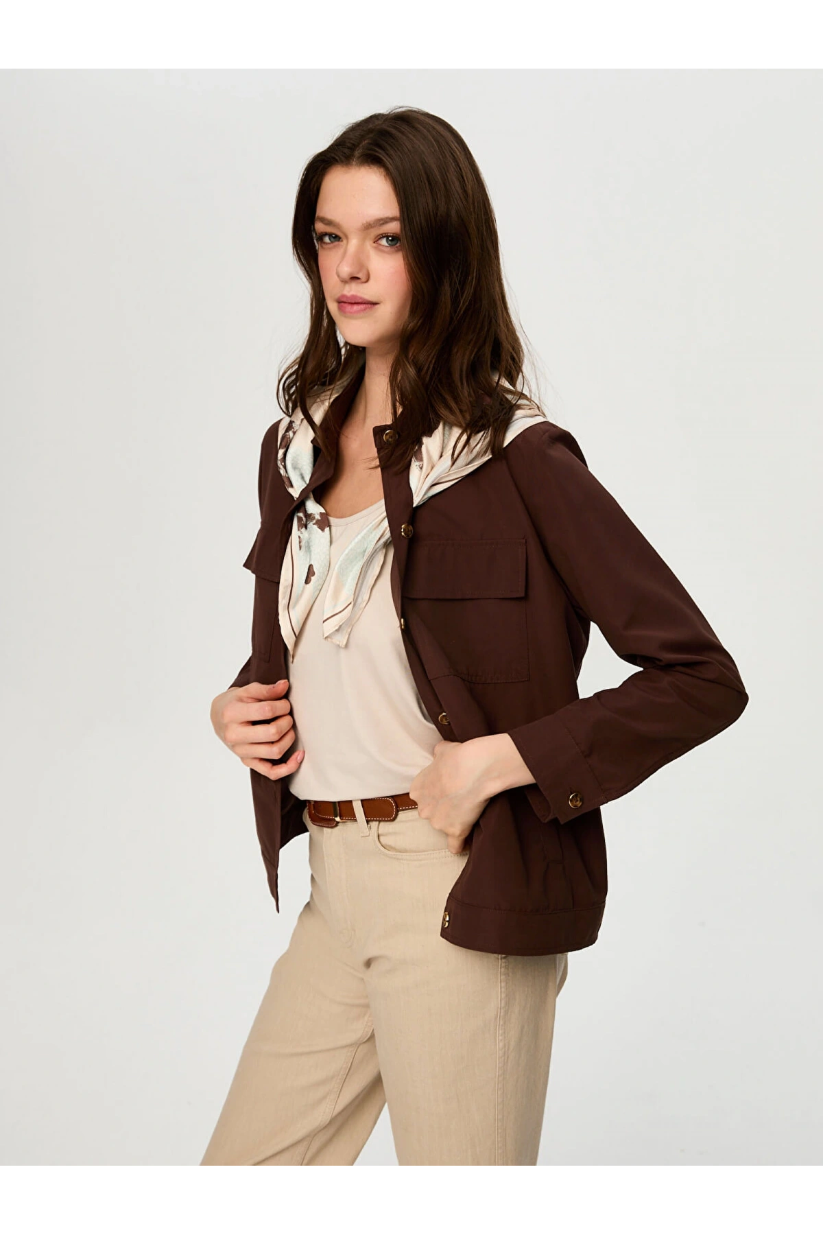 Faik Sönmez Desenli Fular Aksesuarlı Pamuklu Ceket US26CKT031