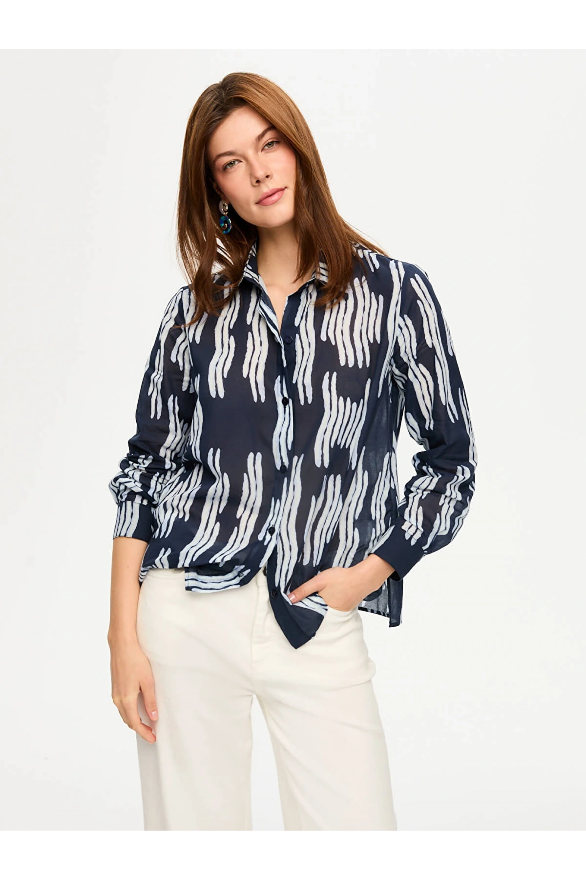 Faik Sönmez Çizgili Desen Uzun Kol Pamuk Vual Gömlek US26GML052