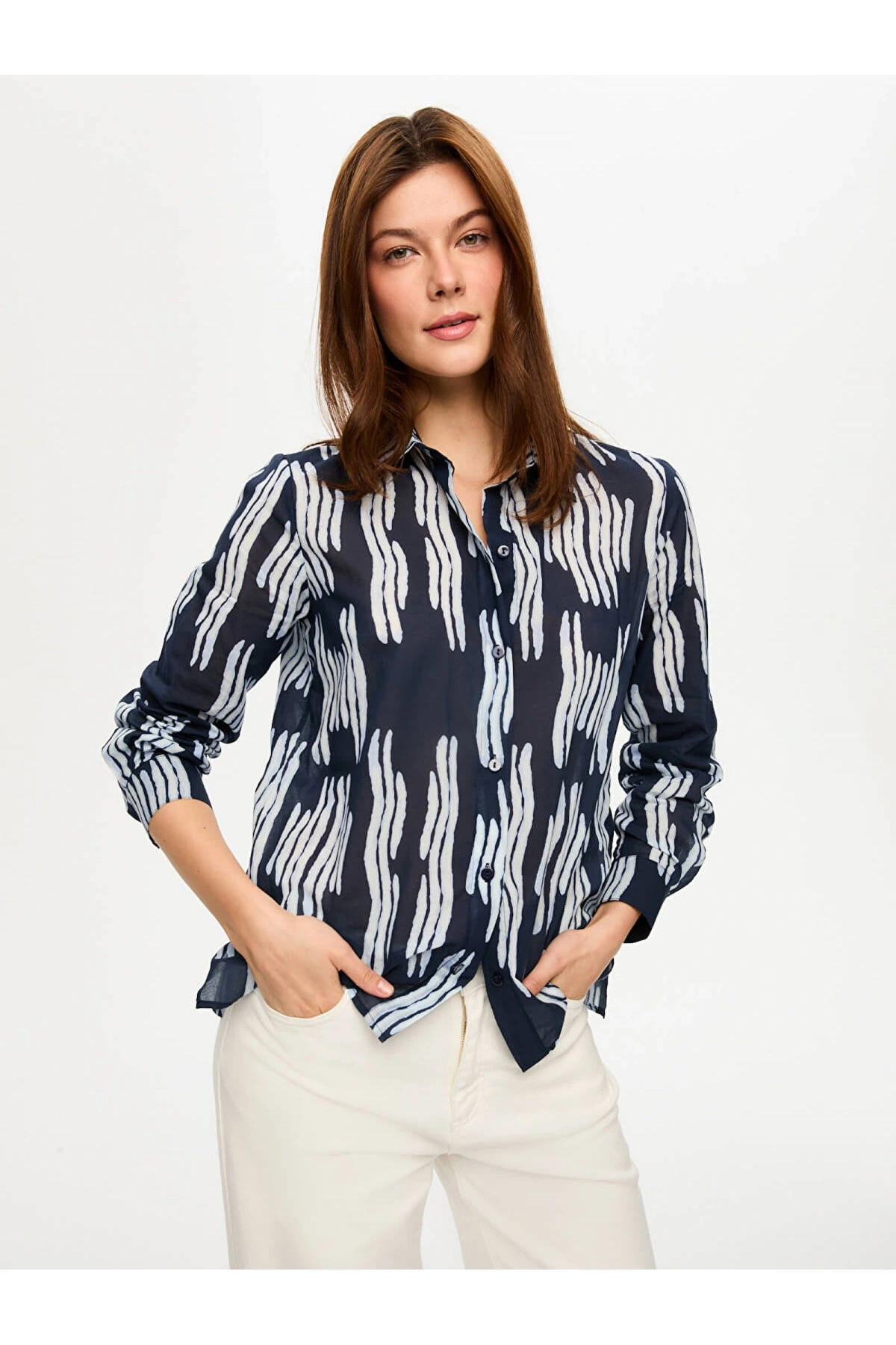 Faik Sönmez Çizgili Desen Uzun Kol Pamuk Vual Gömlek US26GML052