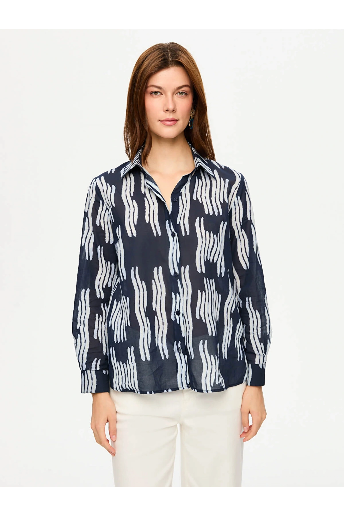 Faik Sönmez Çizgili Desen Uzun Kol Pamuk Vual Gömlek US26GML052