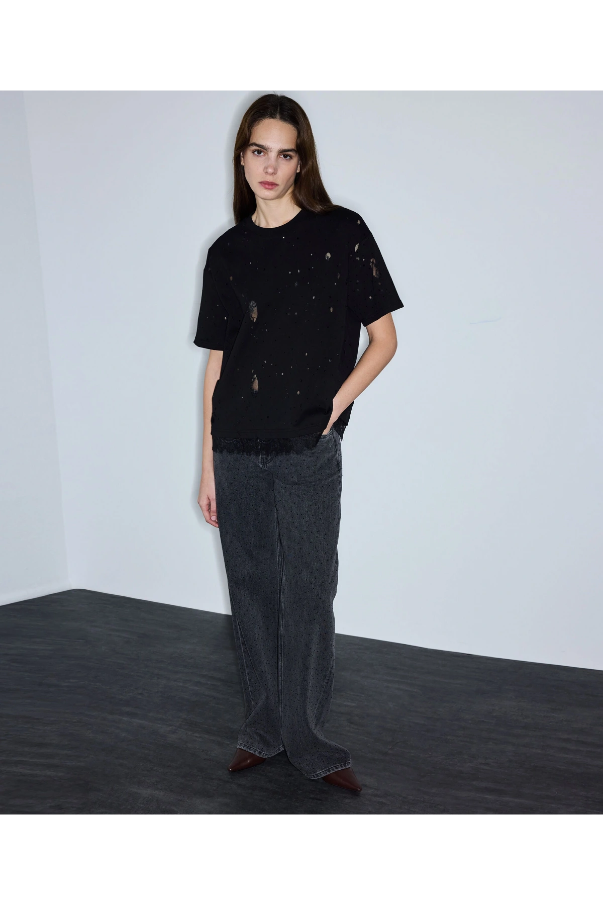 İpekyol Eskitme Efektli Kumaş Mix T-Shirt IS1260070098