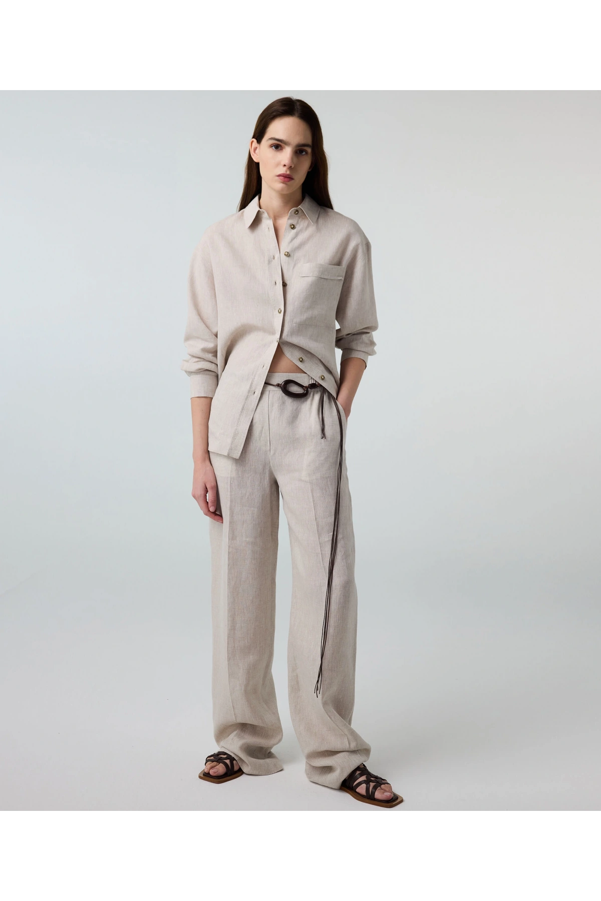 İpekyol Kontrast Düğmeli Keten Gömlek IS1260025280