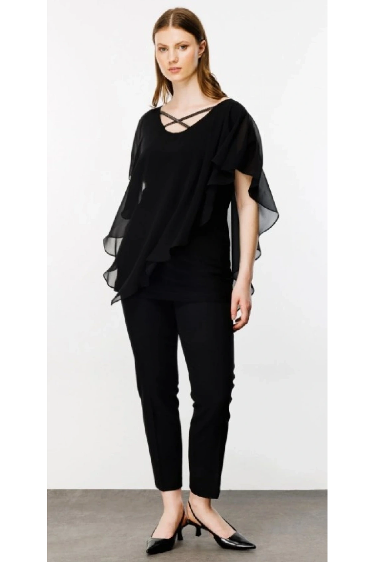 Ekol Ön Ve Arka Kısmı Çapraz İpli Şifon Bluz 01142