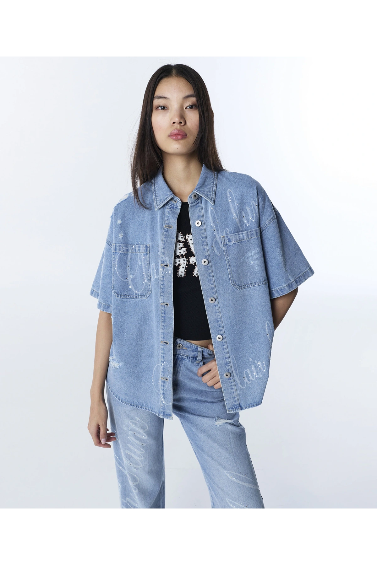 Twist Slogan ve Hotfix Baskılı Jean Gömlek TS1260025145