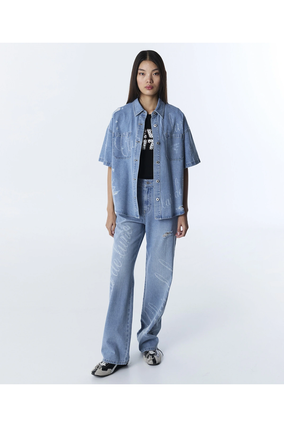 Twist Slogan ve Hotfix Baskılı Jean Gömlek TS1260025145