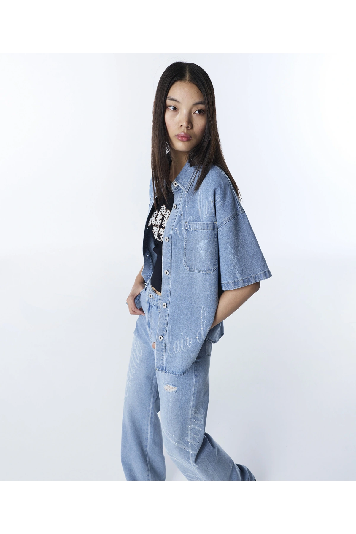 Twist Slogan ve Hotfix Baskılı Jean Gömlek TS1260025145