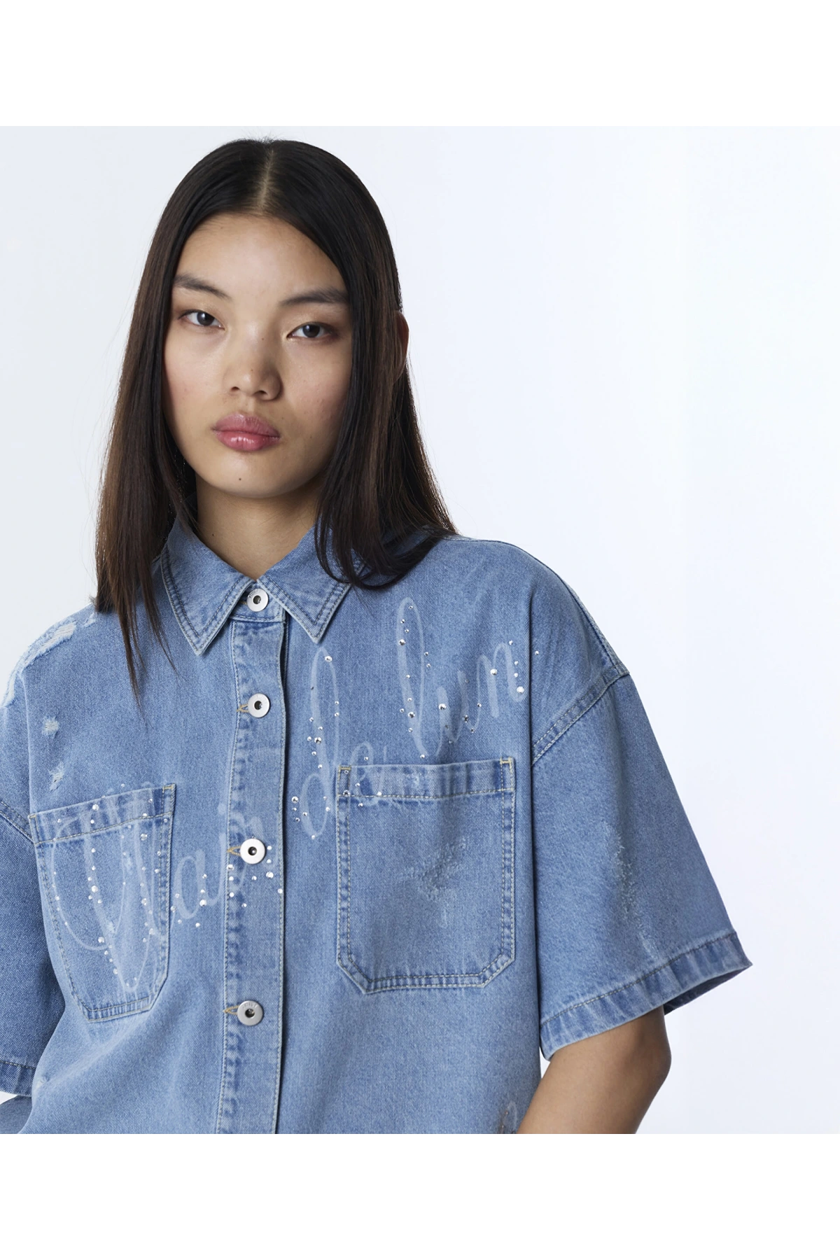 Twist Slogan ve Hotfix Baskılı Jean Gömlek TS1260025145