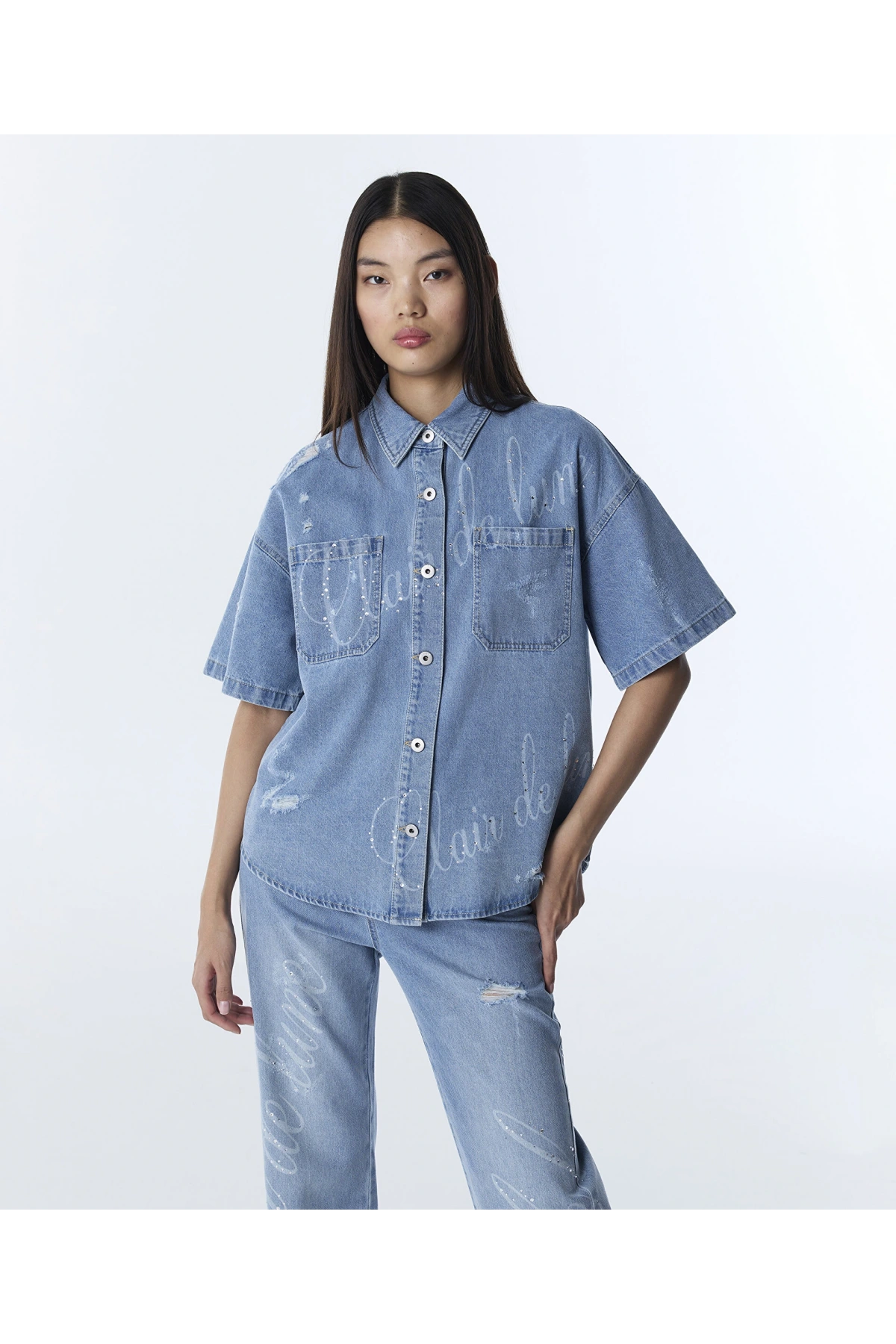 Twist Slogan ve Hotfix Baskılı Jean Gömlek TS1260025145