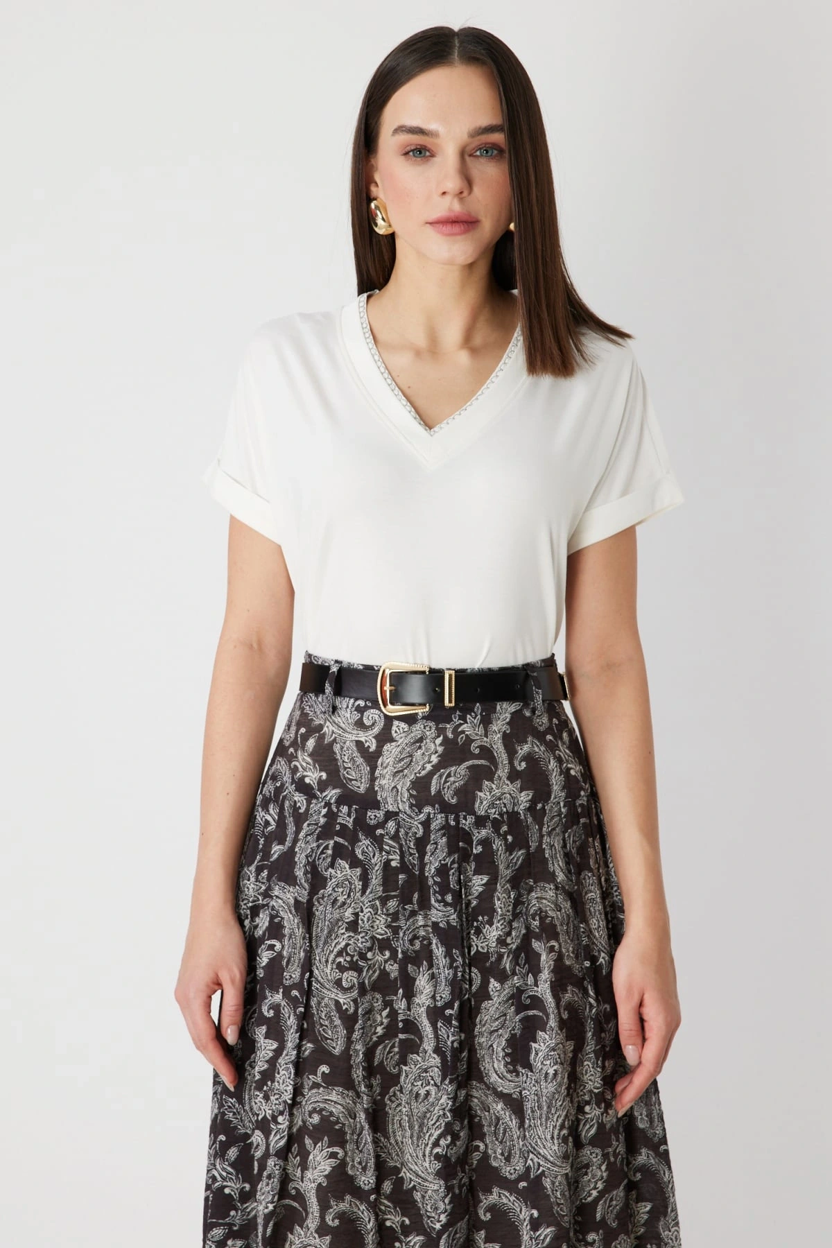 On Fashion Yakası Zincirli V Yaka Bluz 71352