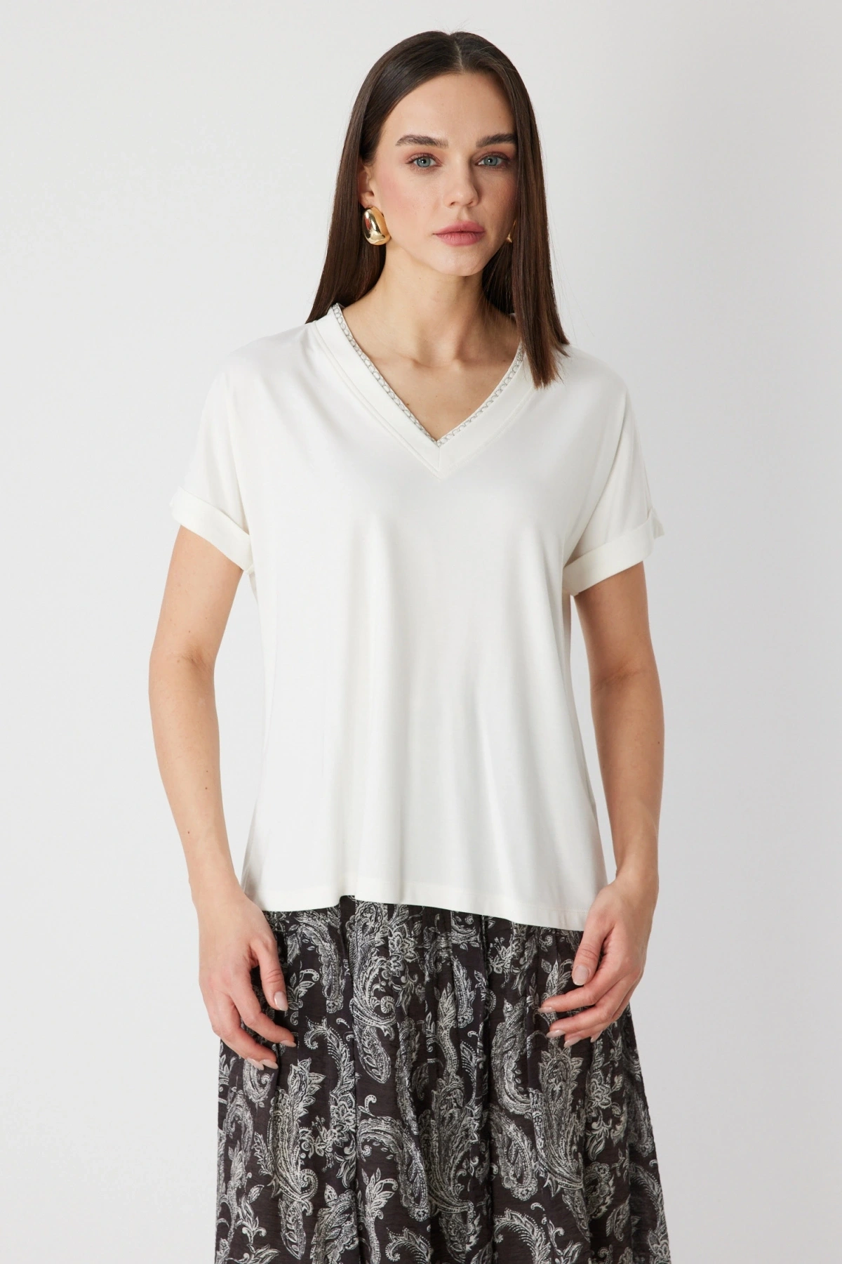 On Fashion Yakası Zincirli V Yaka Bluz 71352
