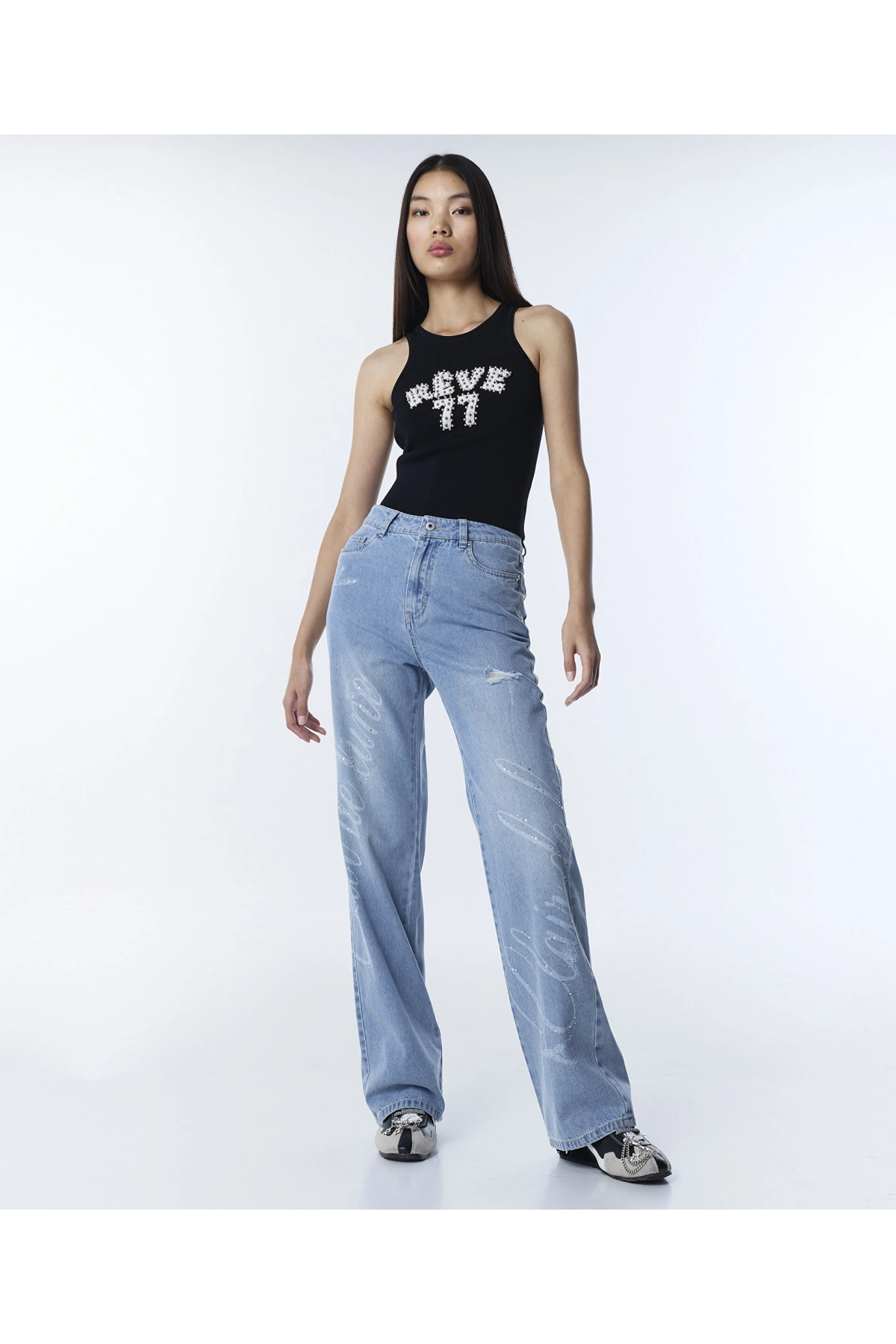 Twist Slogan ve Hotfix Baskılı Jean Pantolon TS1260018008