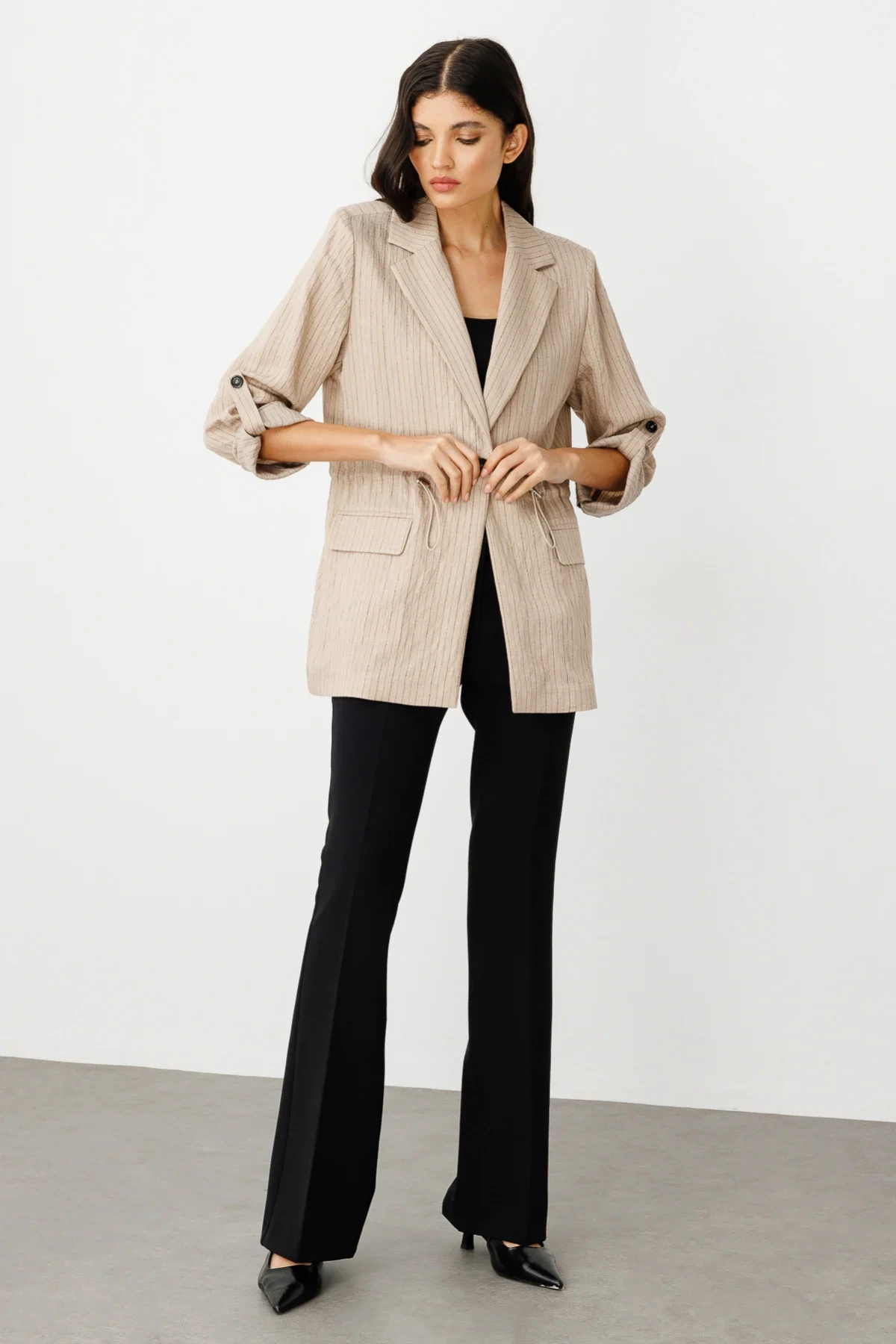 Ekol Kadın Belden Büzgülü Tek Düğmeli Kum Renk Ceket 04112