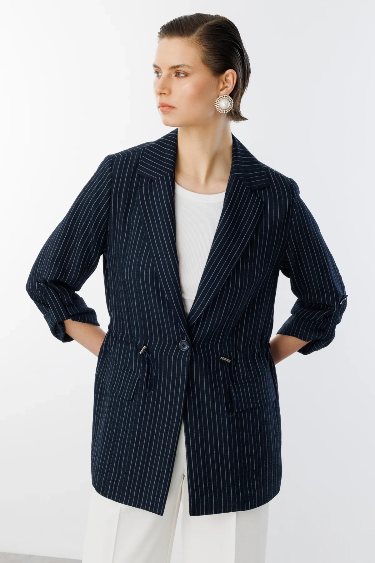 Ekol Kadın Belden Büzgülü Tek Düğmeli Lacivert Ceket 04112