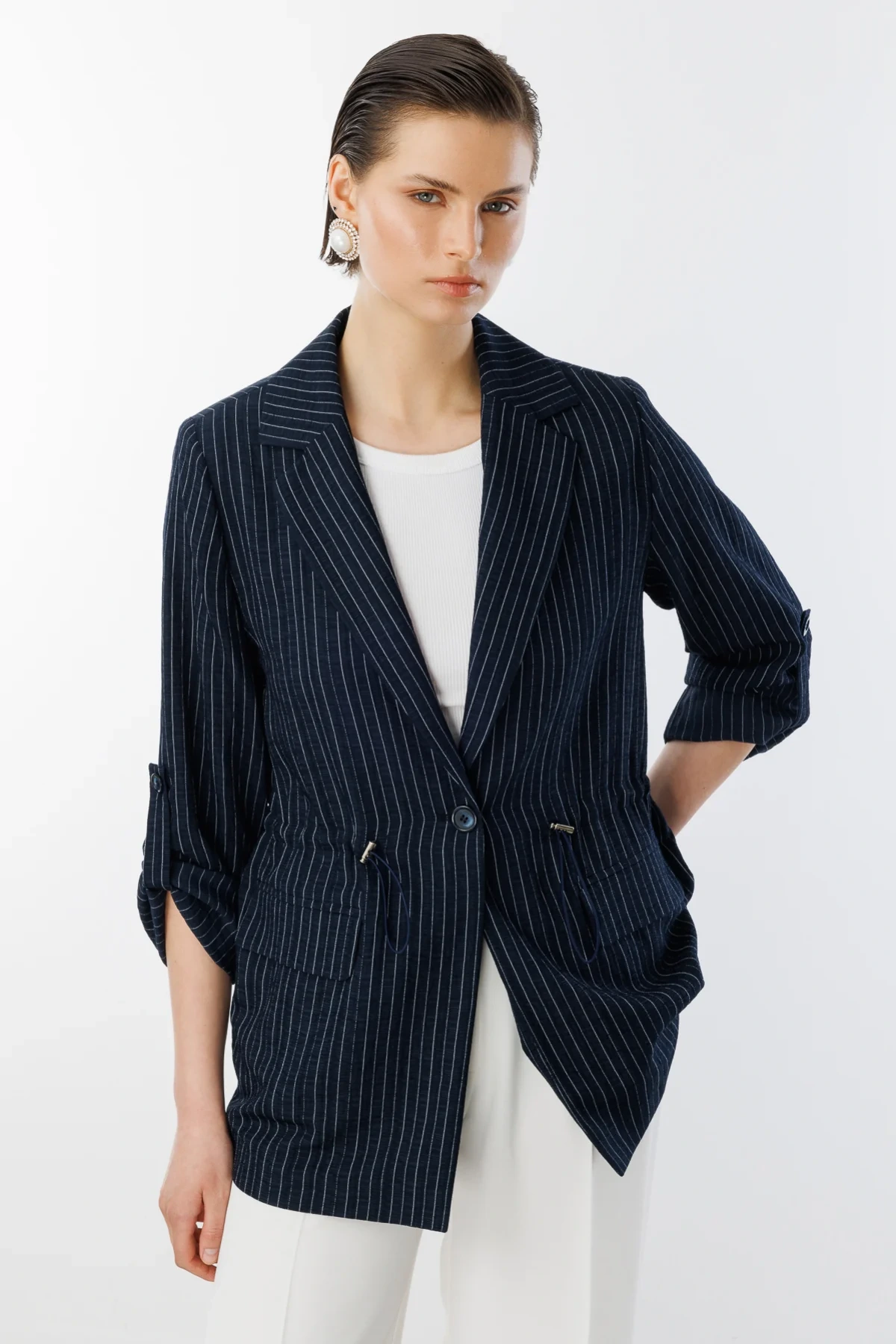 Ekol Kadın Belden Büzgülü Tek Düğmeli Lacivert Ceket 04112