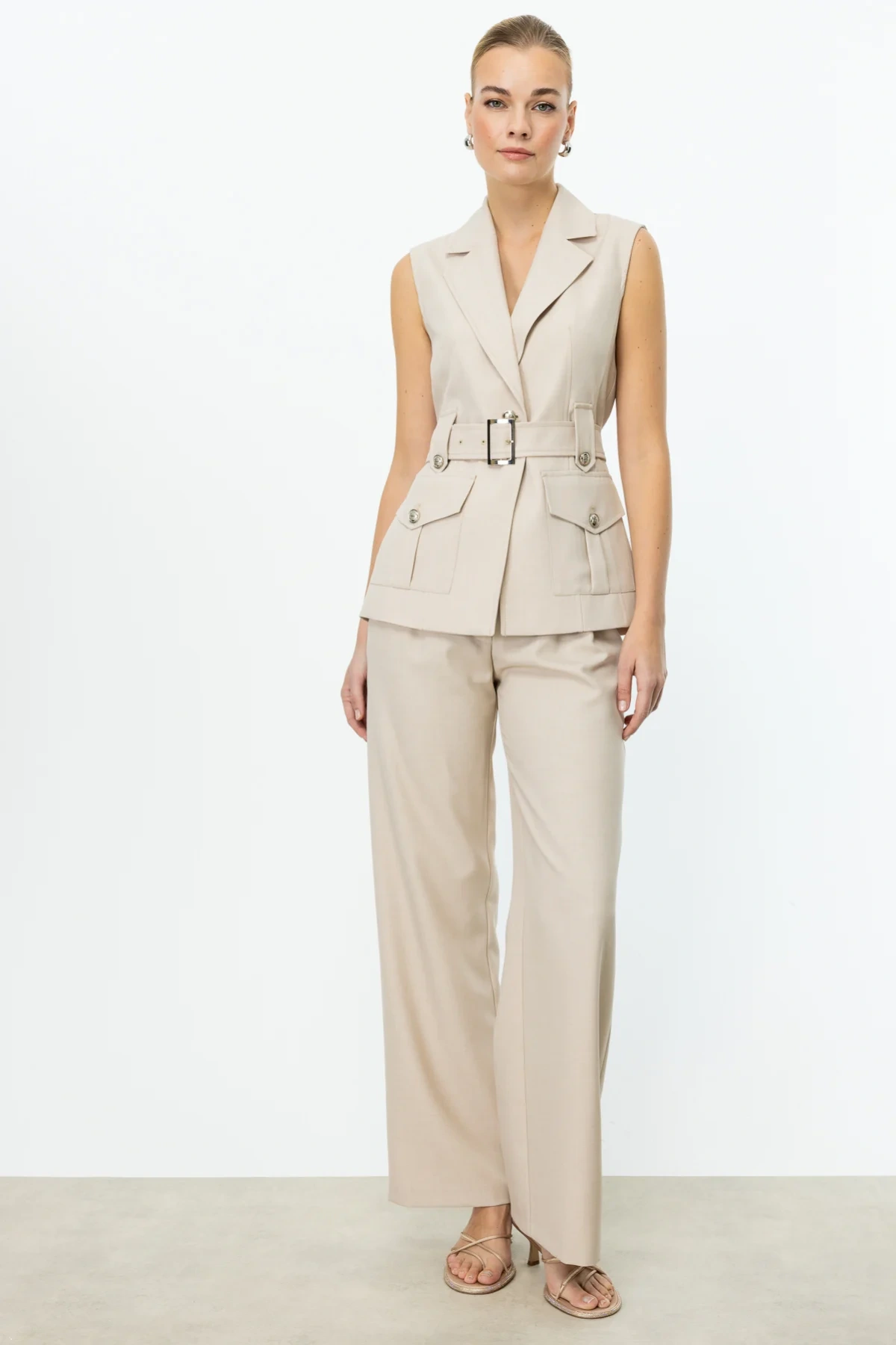 Ekol Beli Kemerli Kolsuz Kadın Taş Renk Yelek 04122