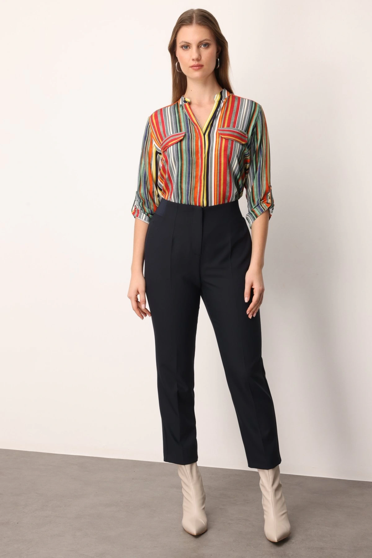 Ekol Beli Lastikli Boru Paça Lacivert Kadın Pantolon 01111