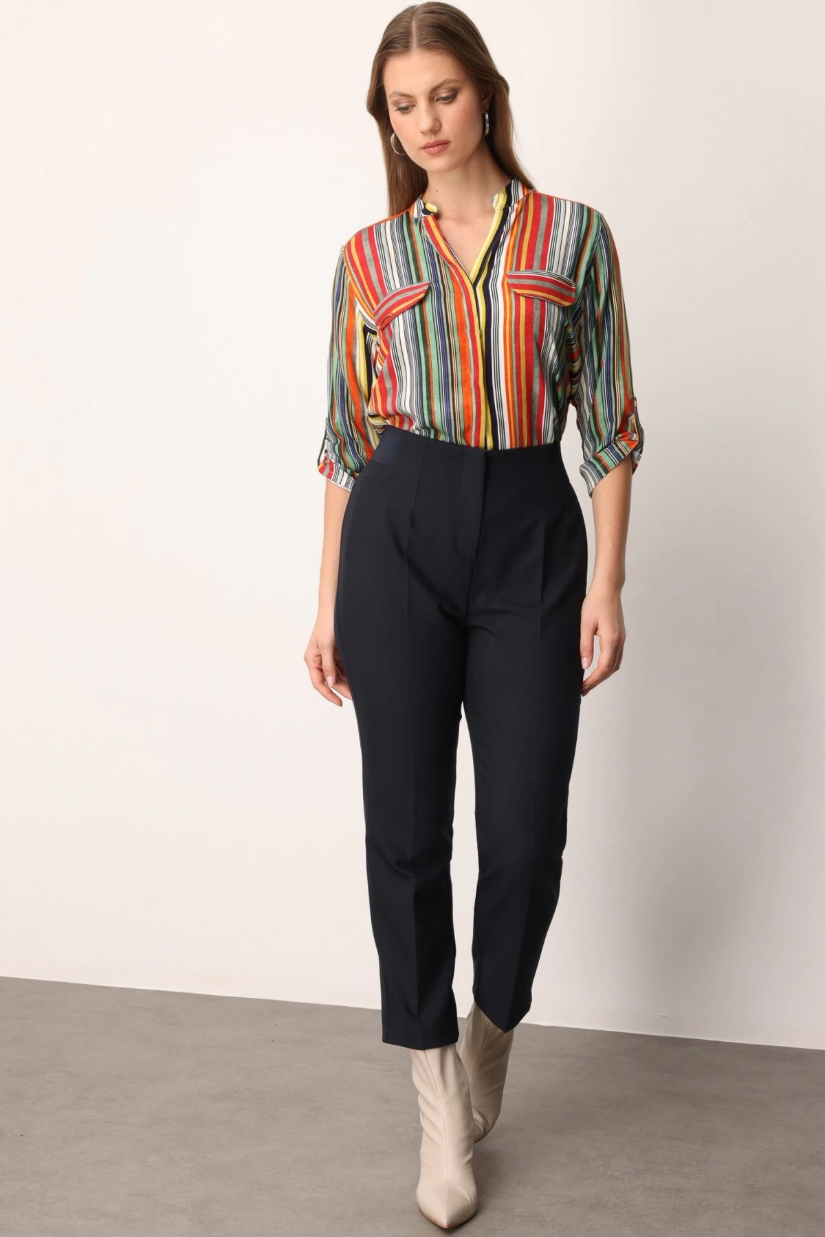 Ekol Beli Lastikli Boru Paça Lacivert Kadın Pantolon 01111