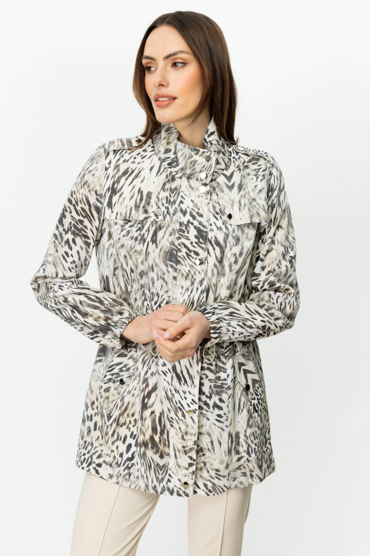 Ekol Beli Lastikli Desenli Kadın Kum Rengi Trençkot 07042