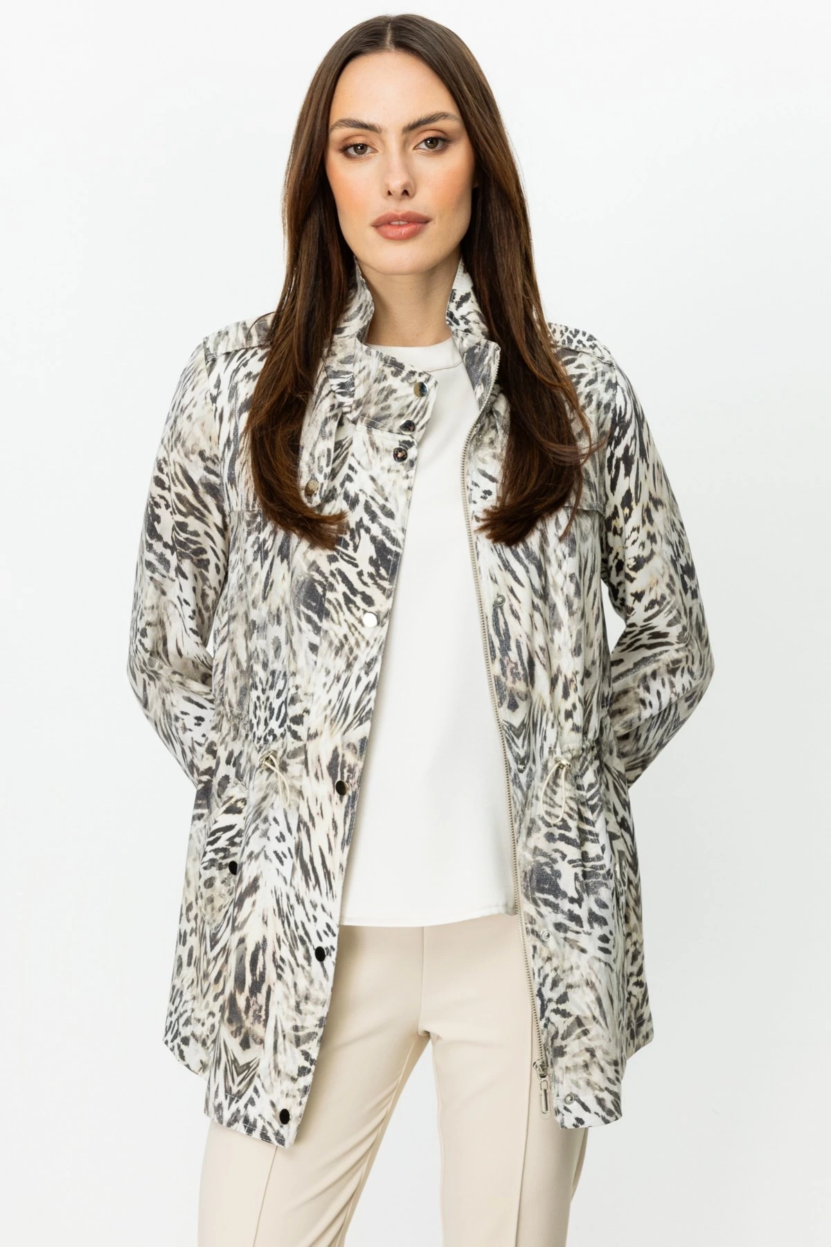 Ekol Beli Lastikli Desenli Kadın Kum Rengi Trençkot 07042