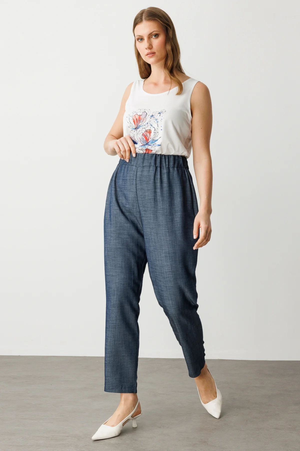 Ekol Beli Lastikli İndigo Renk Kadın Pantolon 07564