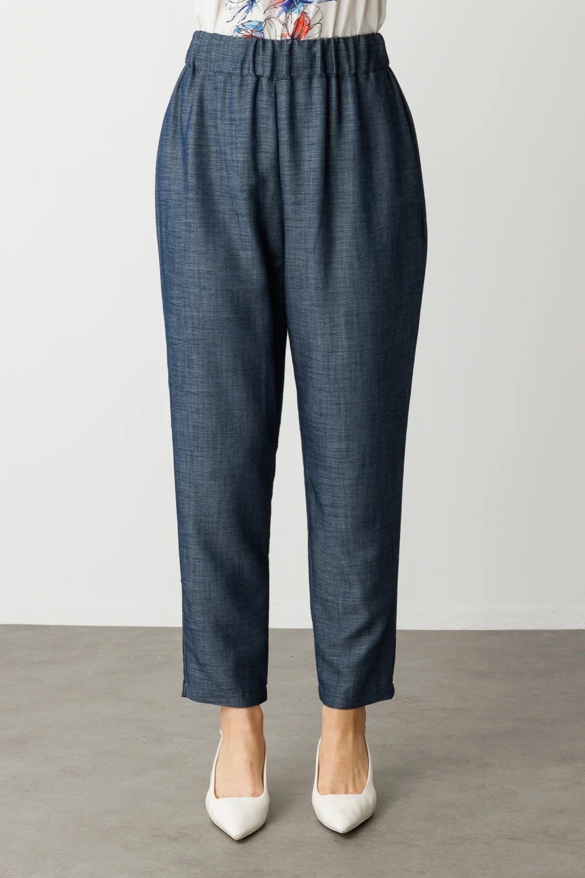 Ekol Beli Lastikli İndigo Renk Kadın Pantolon 07564