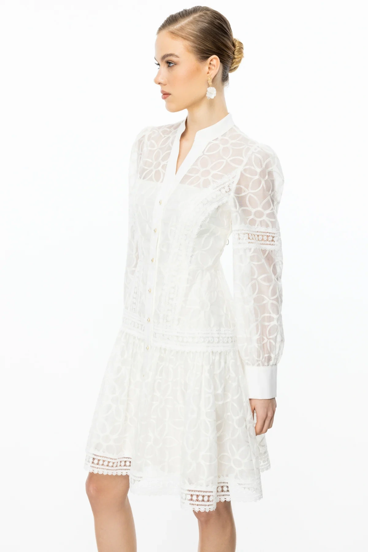 Ekol Çiçek Nakışlı Düğmeli Elbise 05008