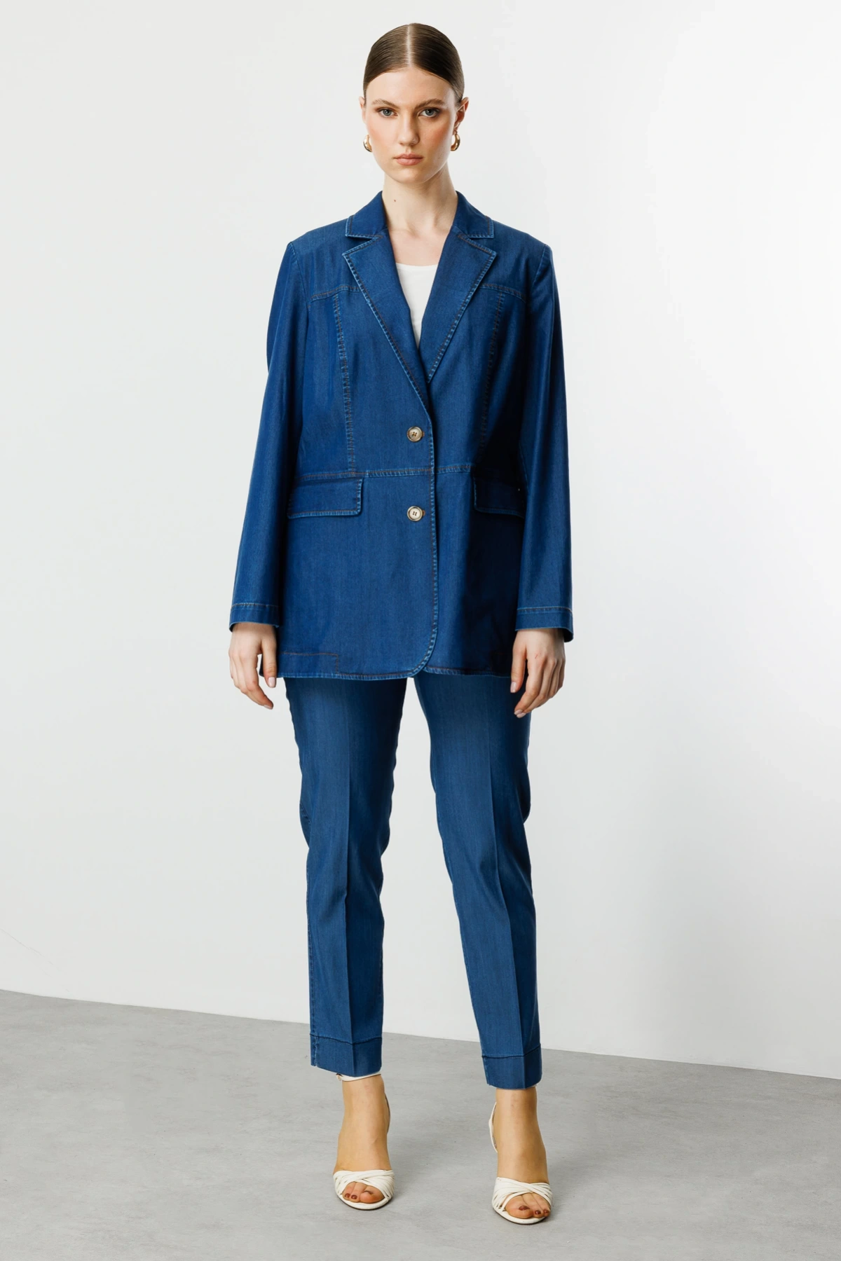 Ekol Kadın Çift Düğmeli İndigo Kap Ceket 04602