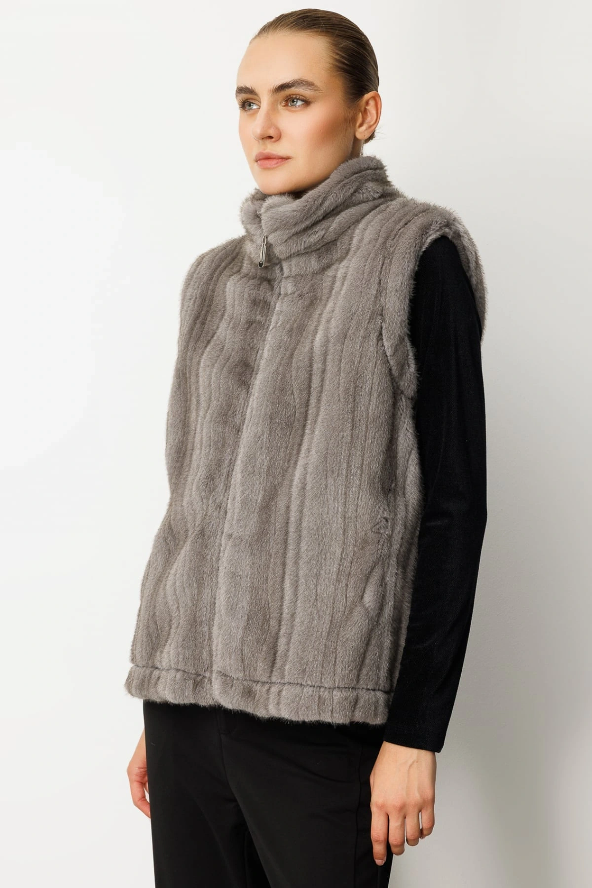Ekol Çizgi Geçişli Kadın Gri Peluş Yelek 08505