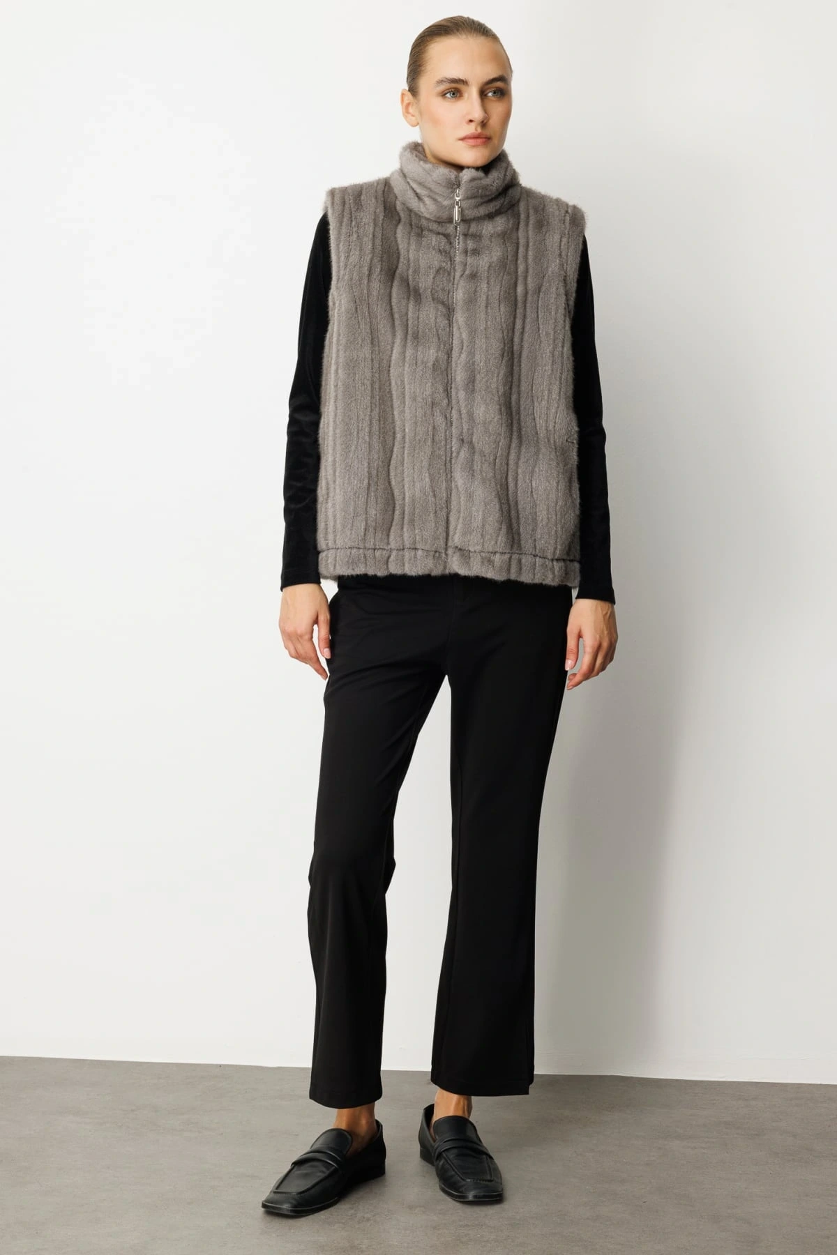 Ekol Çizgi Geçişli Kadın Gri Peluş Yelek 08505