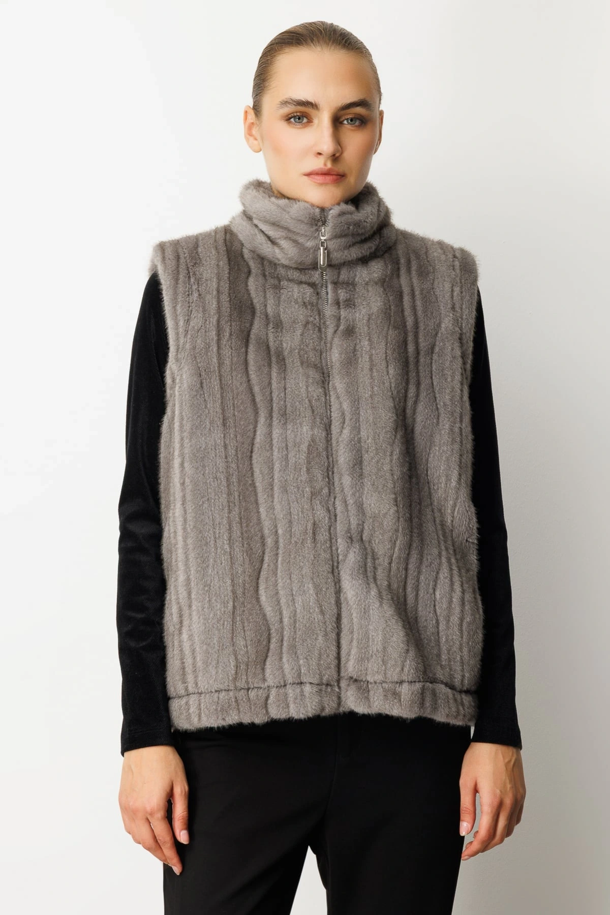 Ekol Çizgi Geçişli Kadın Gri Peluş Yelek 08505