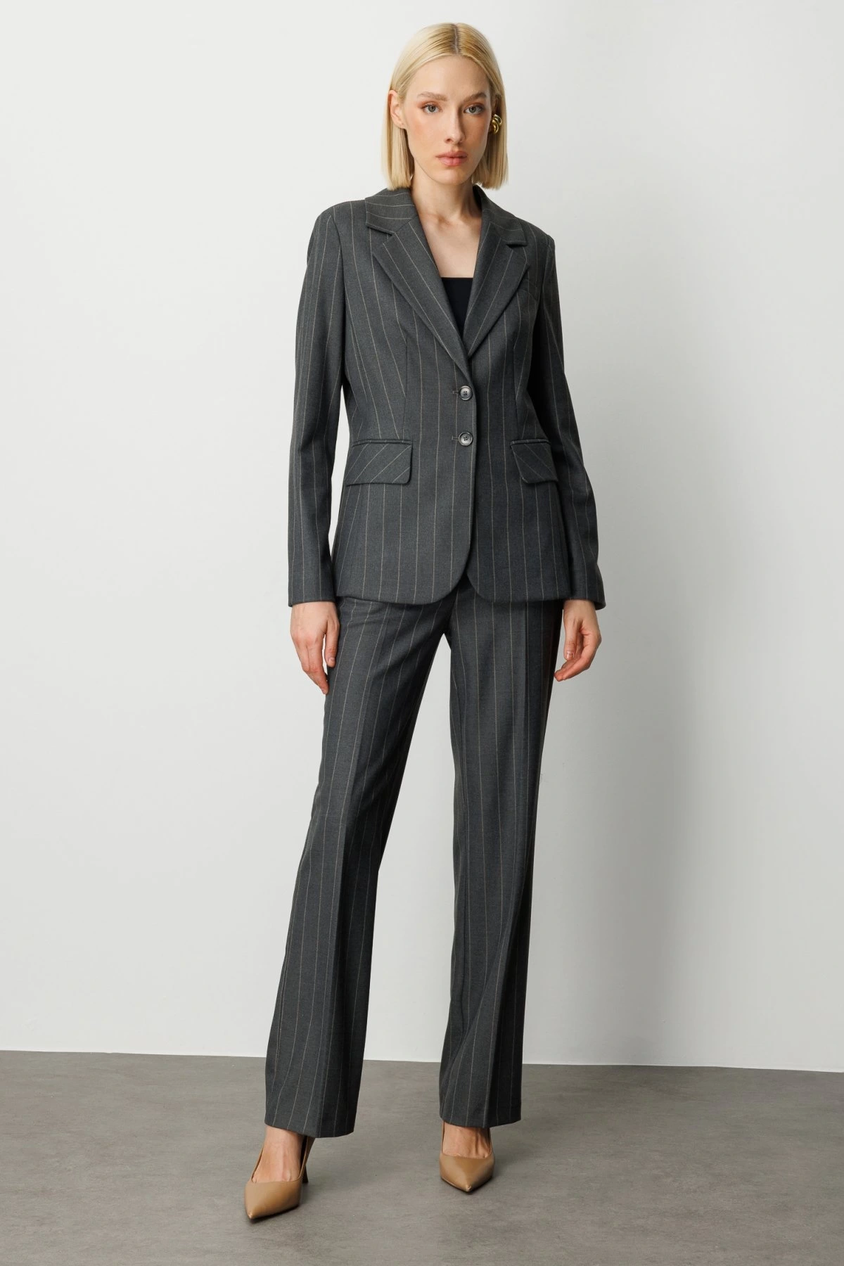 Ekol Çizgili Kapak Cepli Kadın Antrasit Ceket 05127