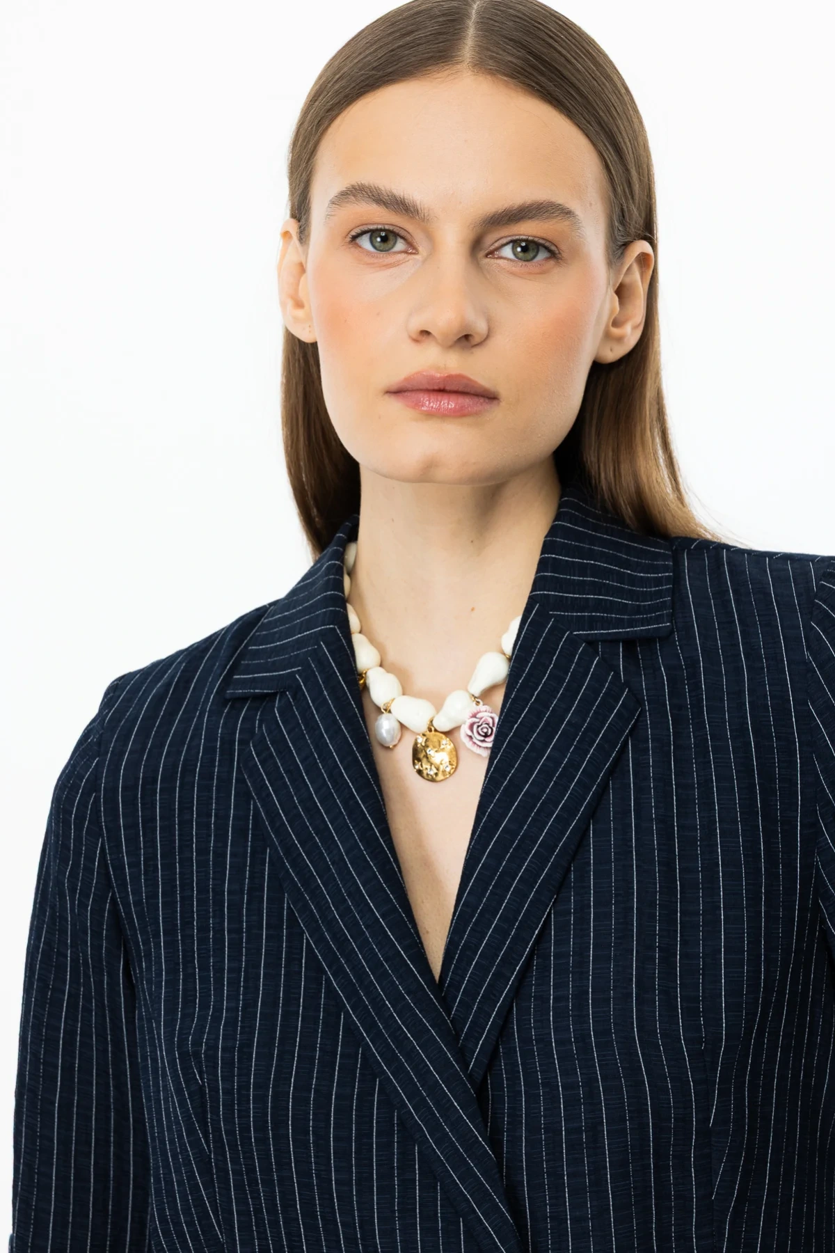 Ekol Çizgili Kadın Lacivert Mini Ceket 04108