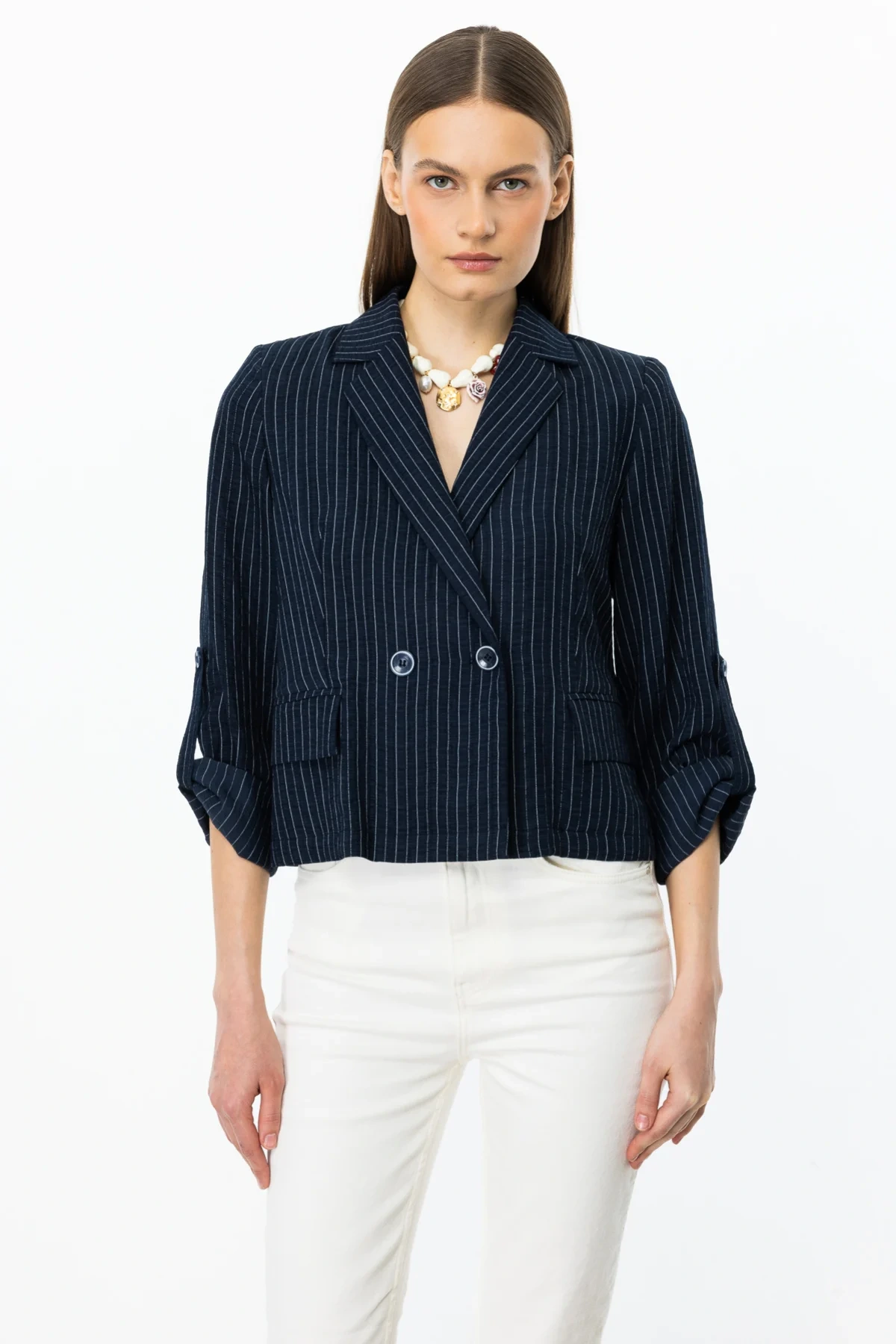 Ekol Çizgili Kadın Lacivert Mini Ceket 04108
