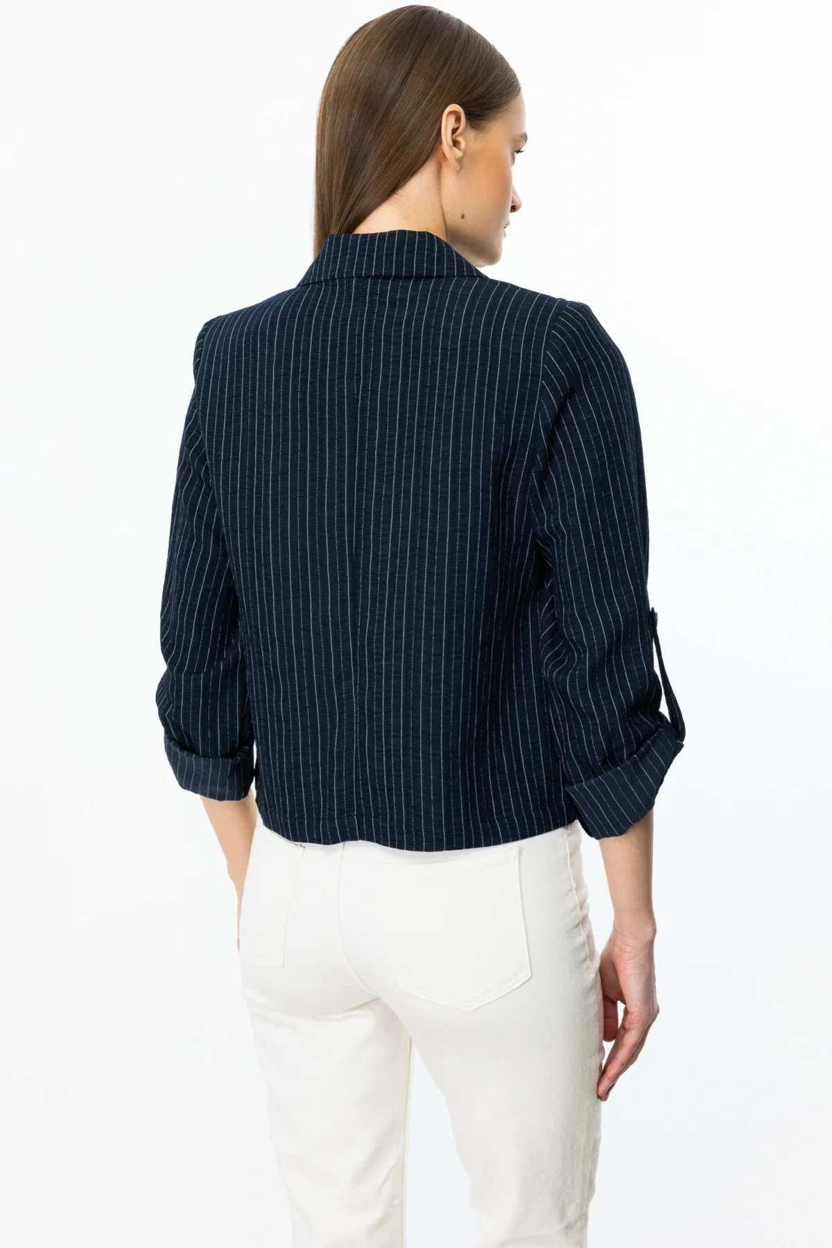 Ekol Çizgili Kadın Lacivert Mini Ceket 04108