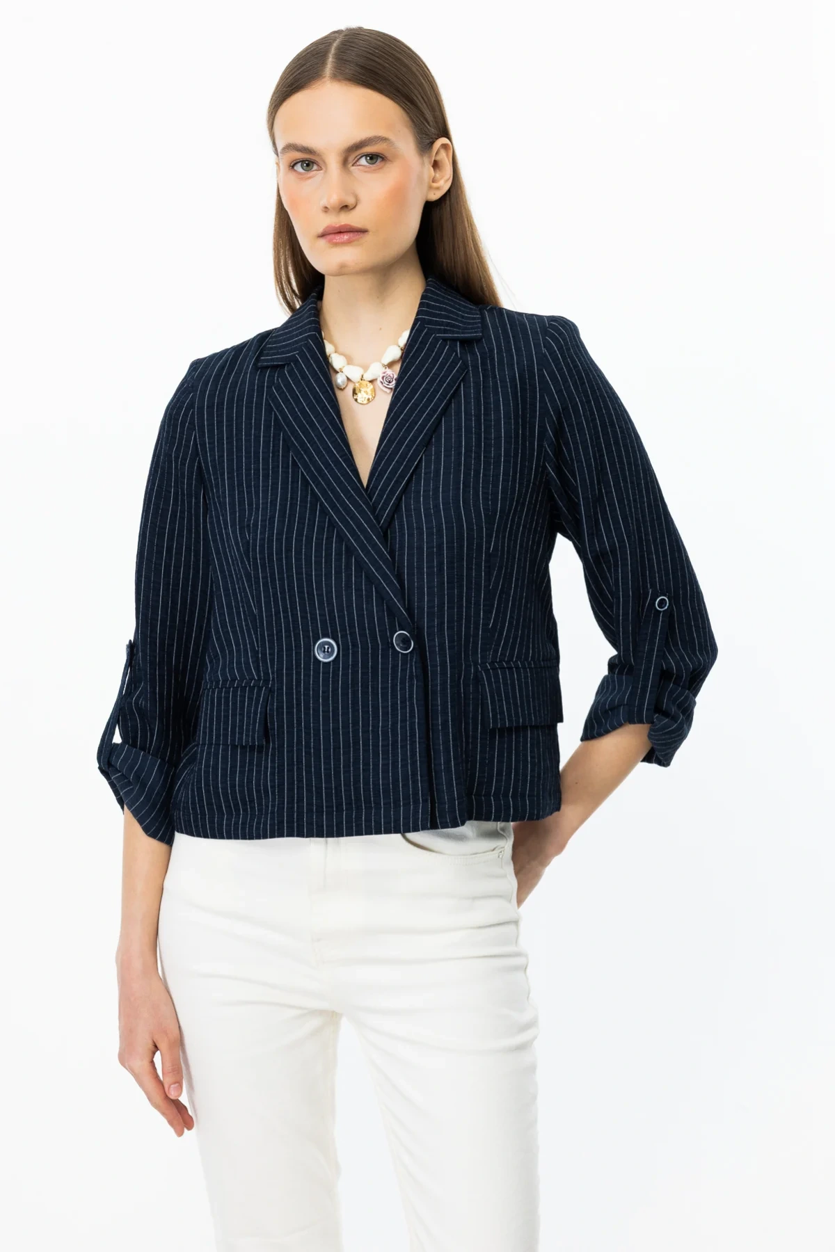 Ekol Çizgili Kadın Lacivert Mini Ceket 04108