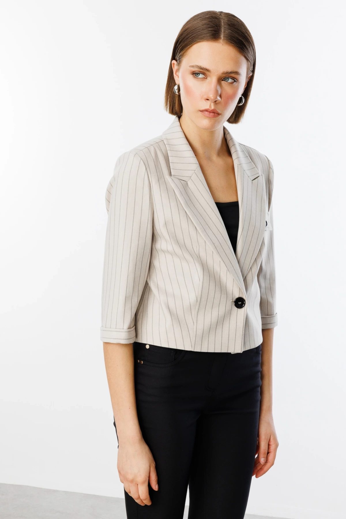 Ekol Kadın Çizgili Yarım Kol Bej Ceket 04048