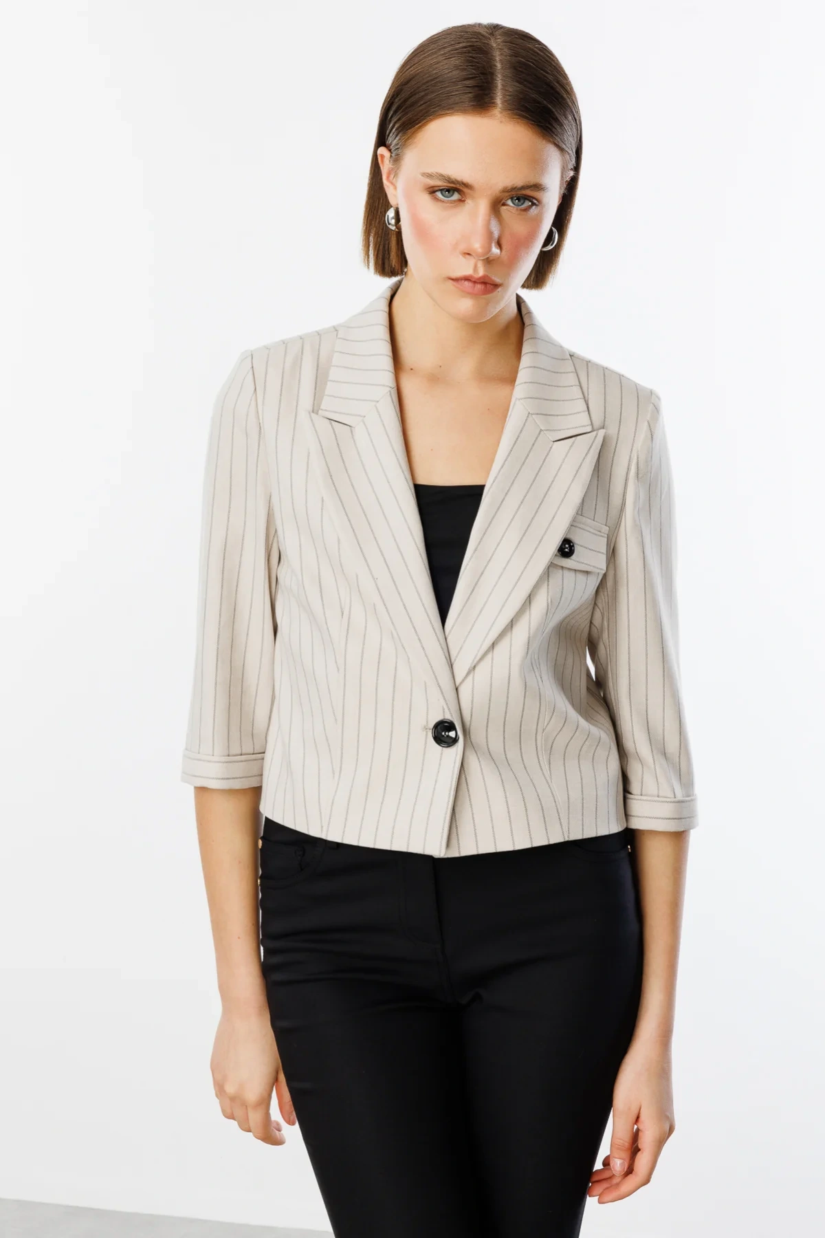 Ekol Kadın Çizgili Yarım Kol Bej Ceket 04048