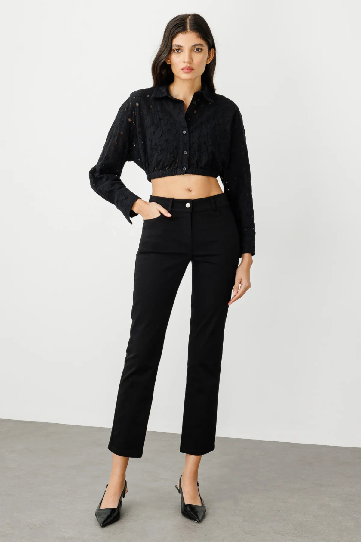 Ekol Dar Paça Siyah Kadın Kumaş Pantolon 02142