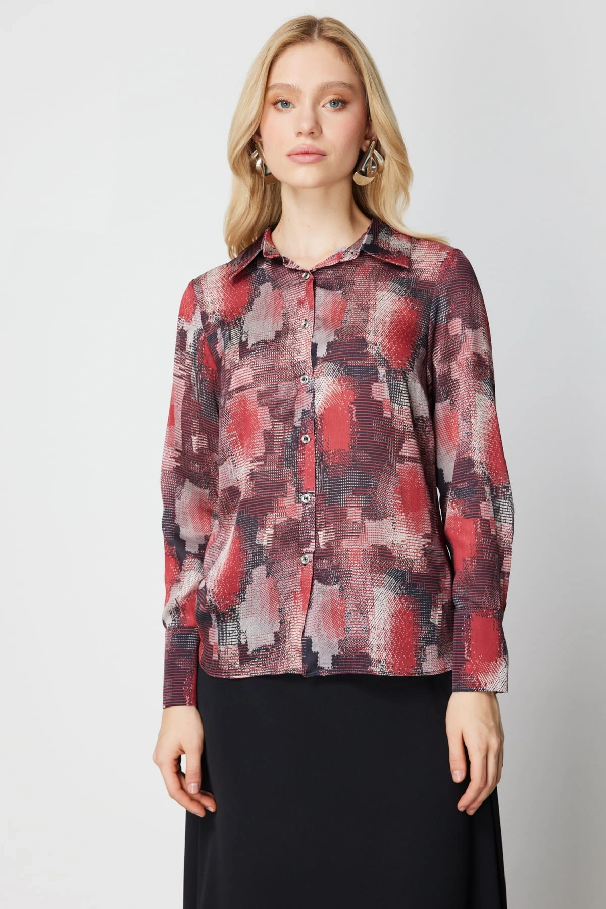 Ekol Desenli Bordo Kadın Bluz 03051