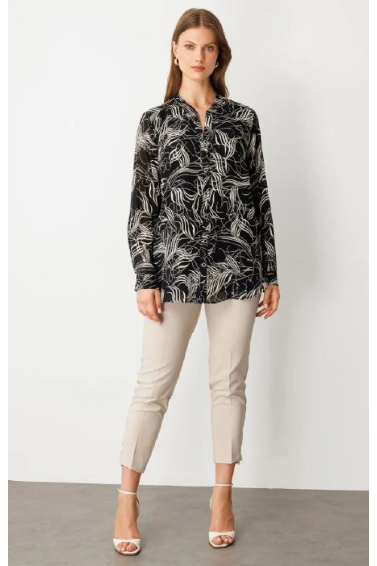 Ekol Büyük Beden Siyah Desenli Kadın Bluz 03534