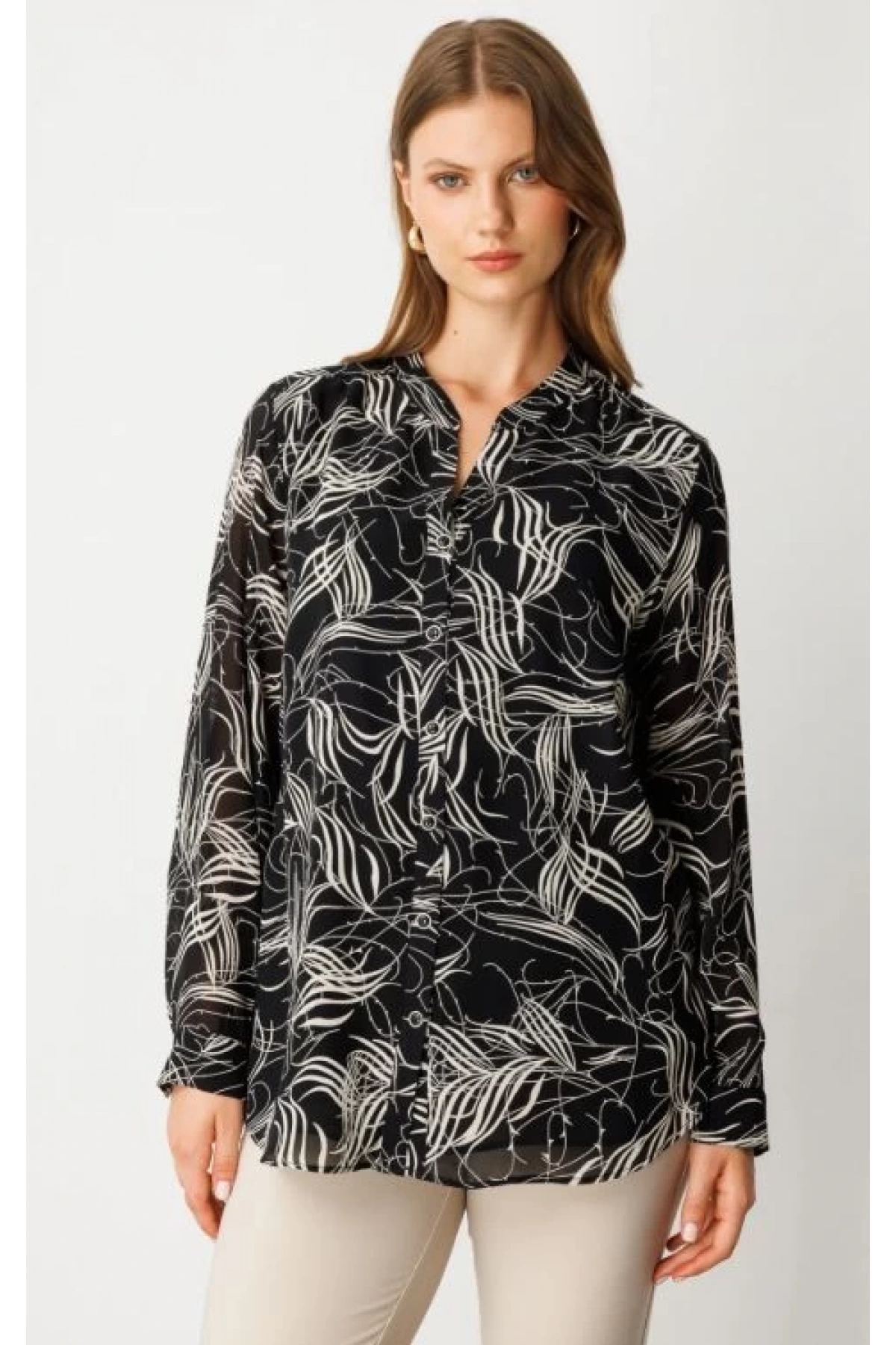 Ekol Büyük Beden Siyah Desenli Kadın Bluz 03534