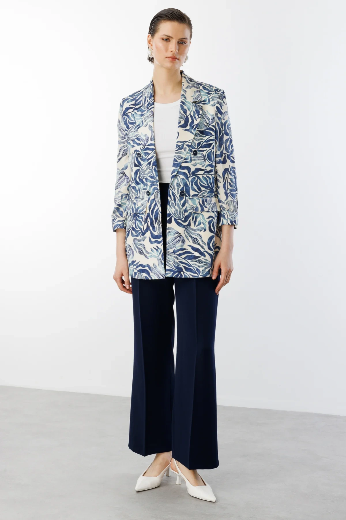 Ekol Kadın Desenli İndigo Renk Ceket 04166