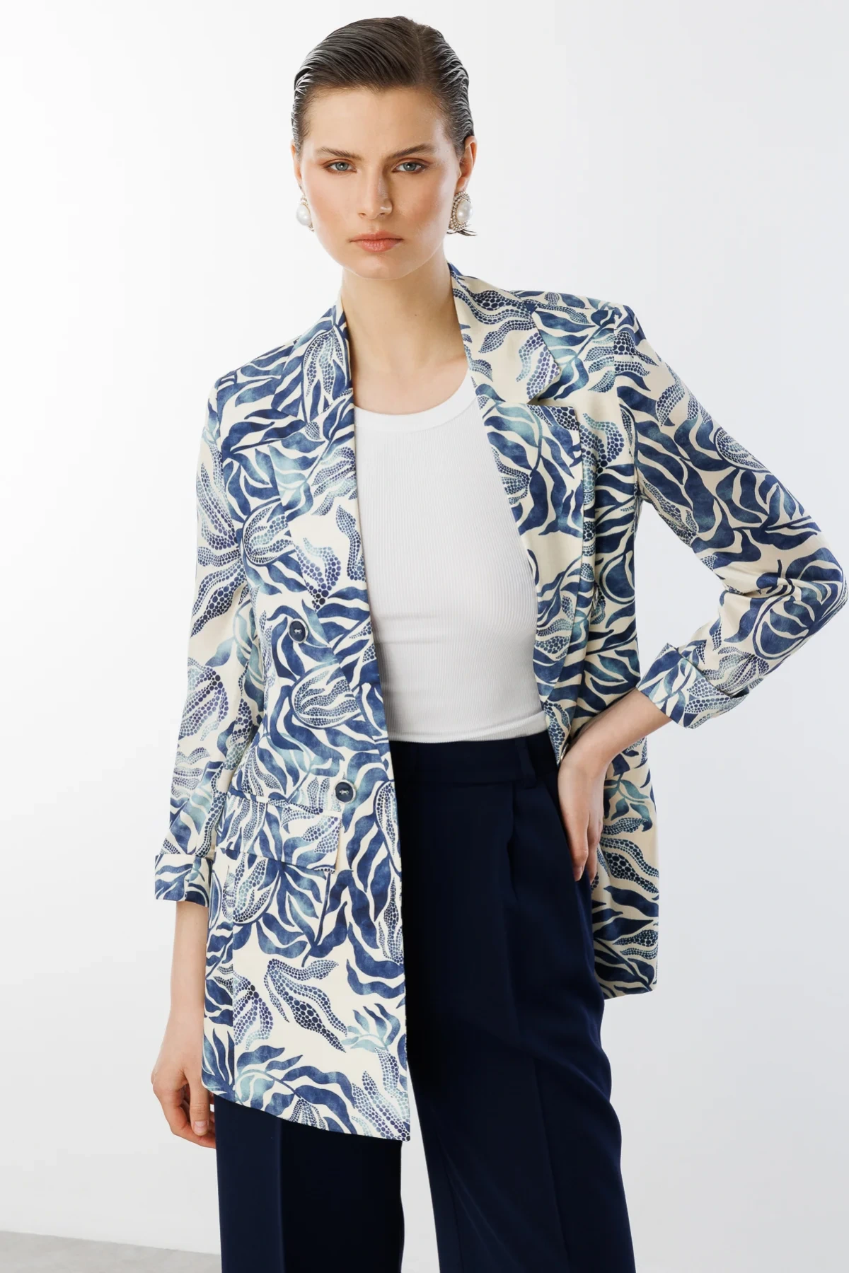 Ekol Kadın Desenli İndigo Renk Ceket 04166