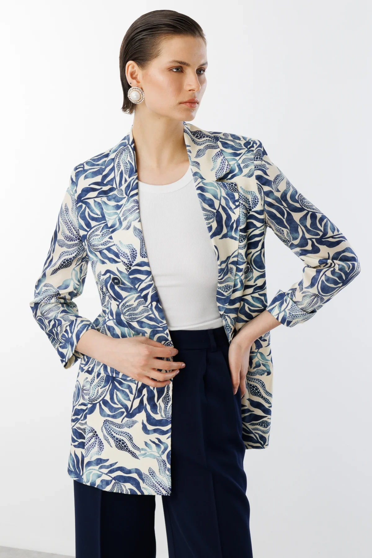 Ekol Kadın Desenli İndigo Renk Ceket 04166