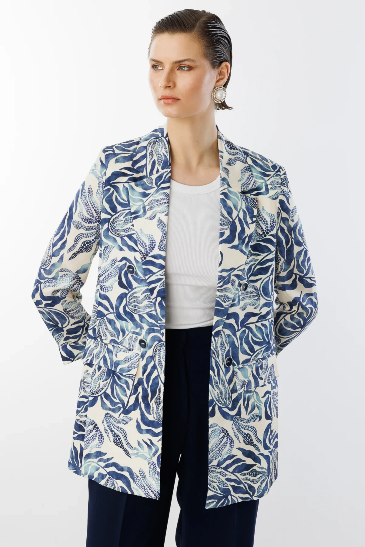Ekol Kadın Desenli İndigo Renk Ceket 04166