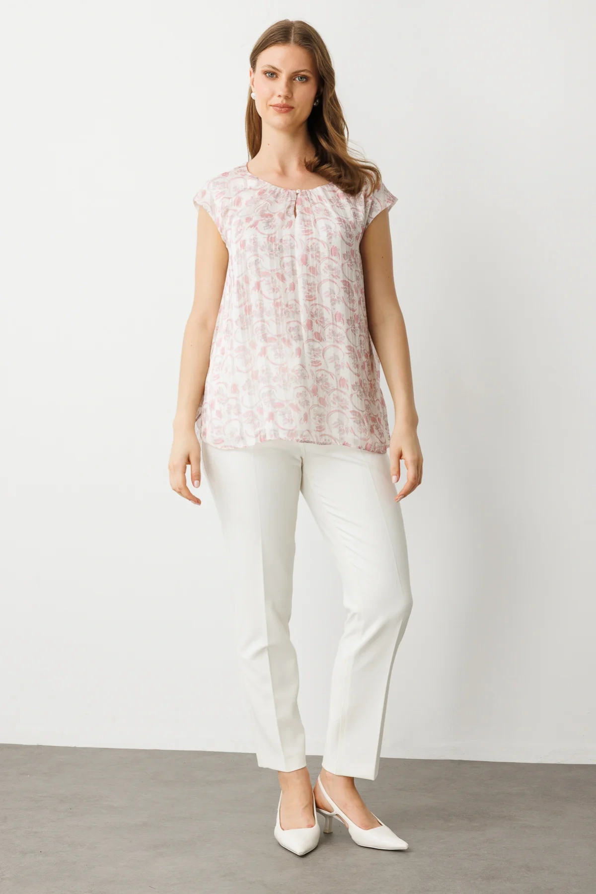 Ekol Desenli Pembe Kadın Şifon Bluz 03624