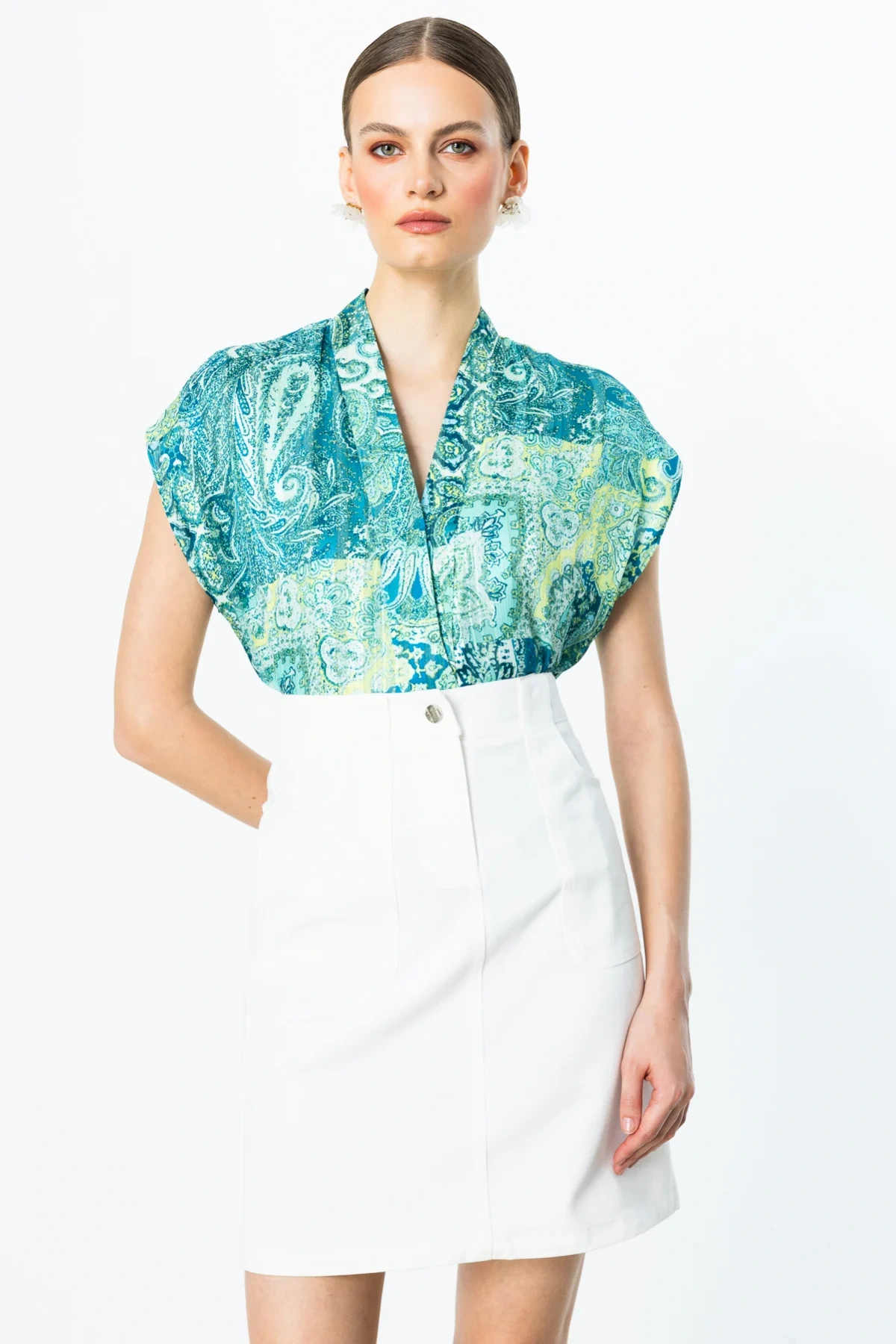 Ekol Desenli V Yaka Bluz 03140