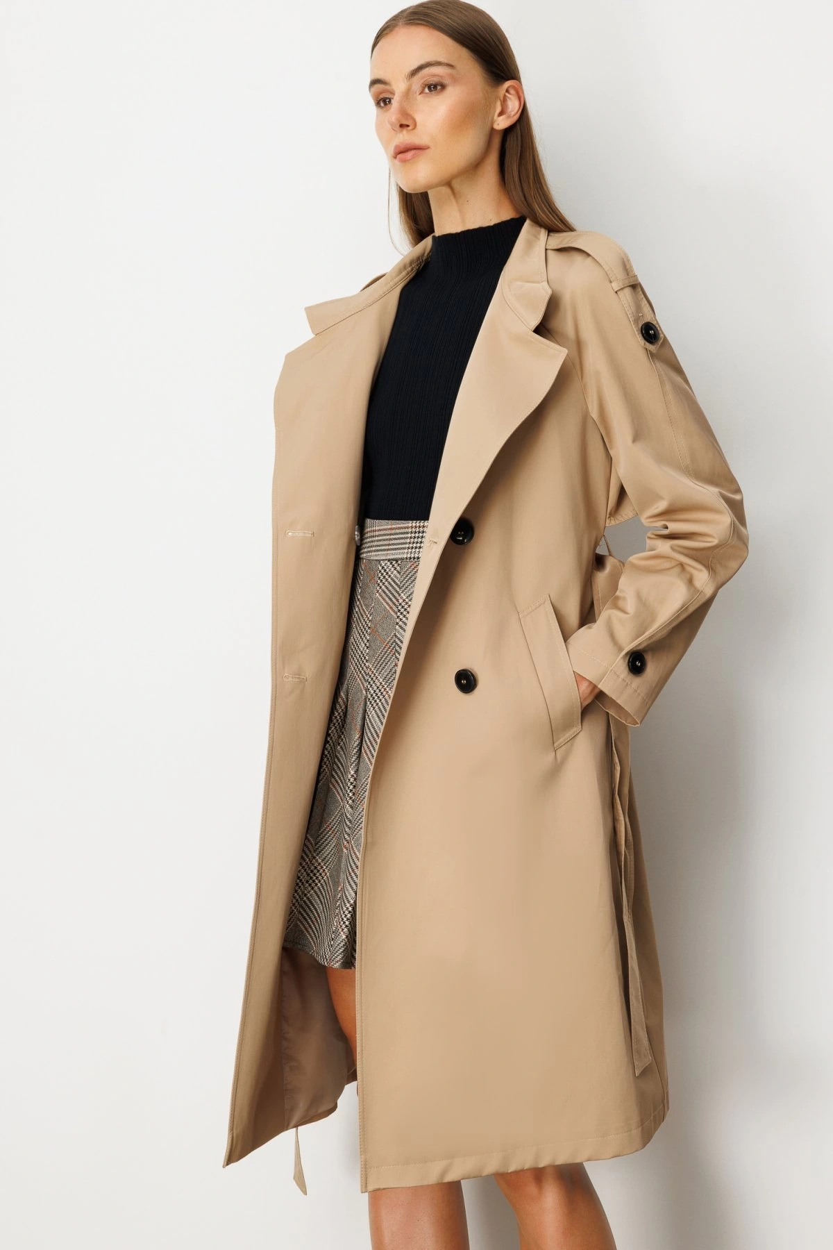 Ekol Dik Yaka Beli Kuşaklı Camel Rengi Trençkot 07003