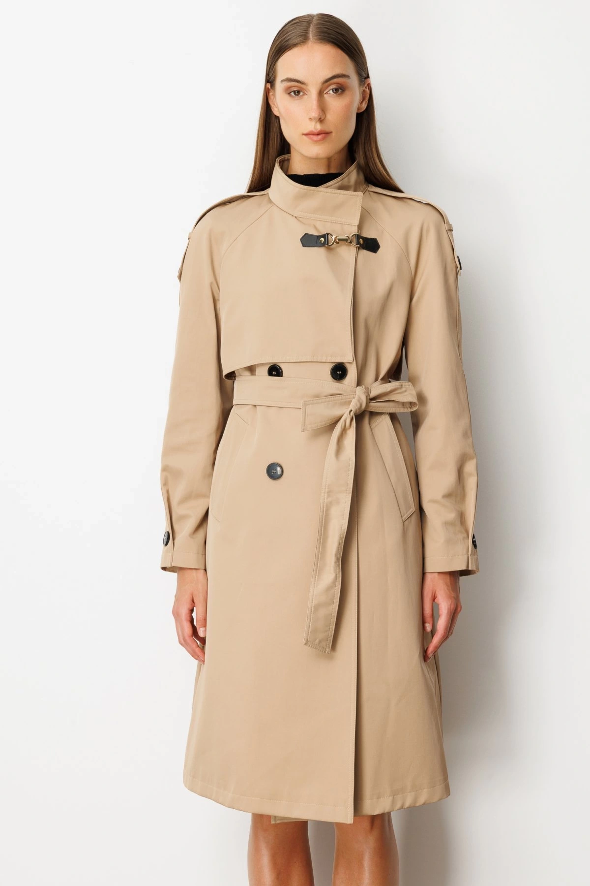 Ekol Dik Yaka Beli Kuşaklı Camel Rengi Trençkot 07003