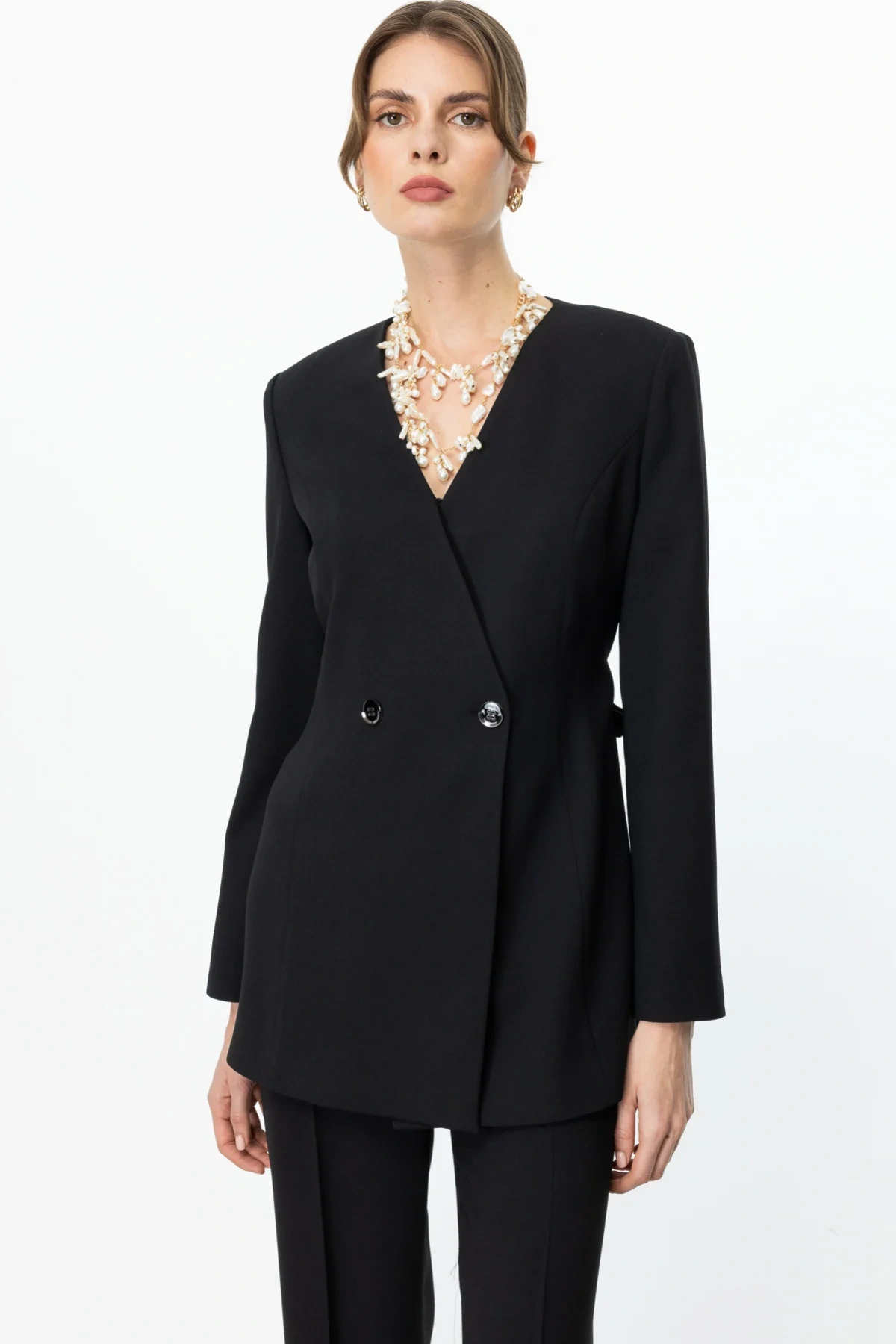 Ekol Düğmeli Bel Kuşaklı Kadın Siyah Ceket 04232